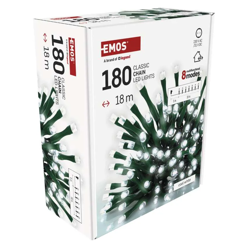 EMOS LED lámpák doboza, 180 lámpa, 18 m hosszú, hideg fehér. A szöveg: 'CLASSIC CHAIN LED LIGHTS'. 8 móddal rendelkezik.