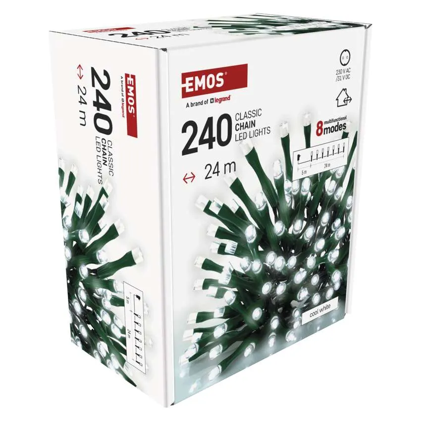 EMOS LED-es lámpák doboza. A doboz fehér, szöveggel és a lámpák képével. A lámpák hideg fehérek.