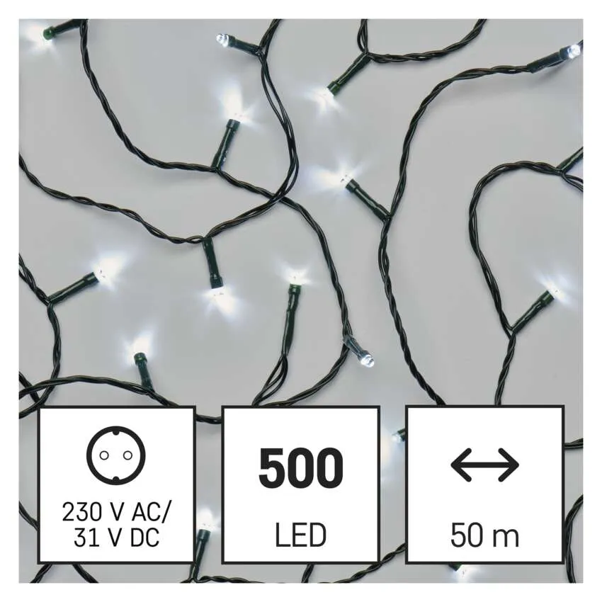 Füzérfény fehér LED-ekkel fekete vezetéken. Infografikák: 230V, 500 LED és 50m hosszúság.