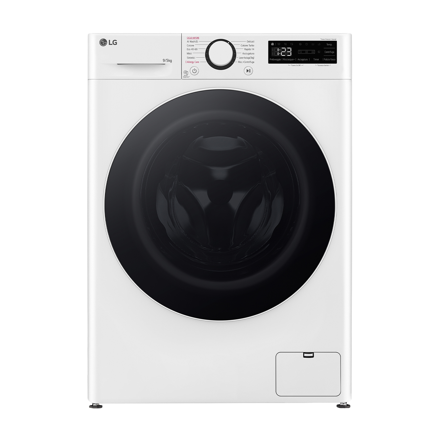 Viene mostrata una lavatrice LG bianca. Ha una porta nera, un display digitale e manopole di controllo. Il display mostra l'ora.