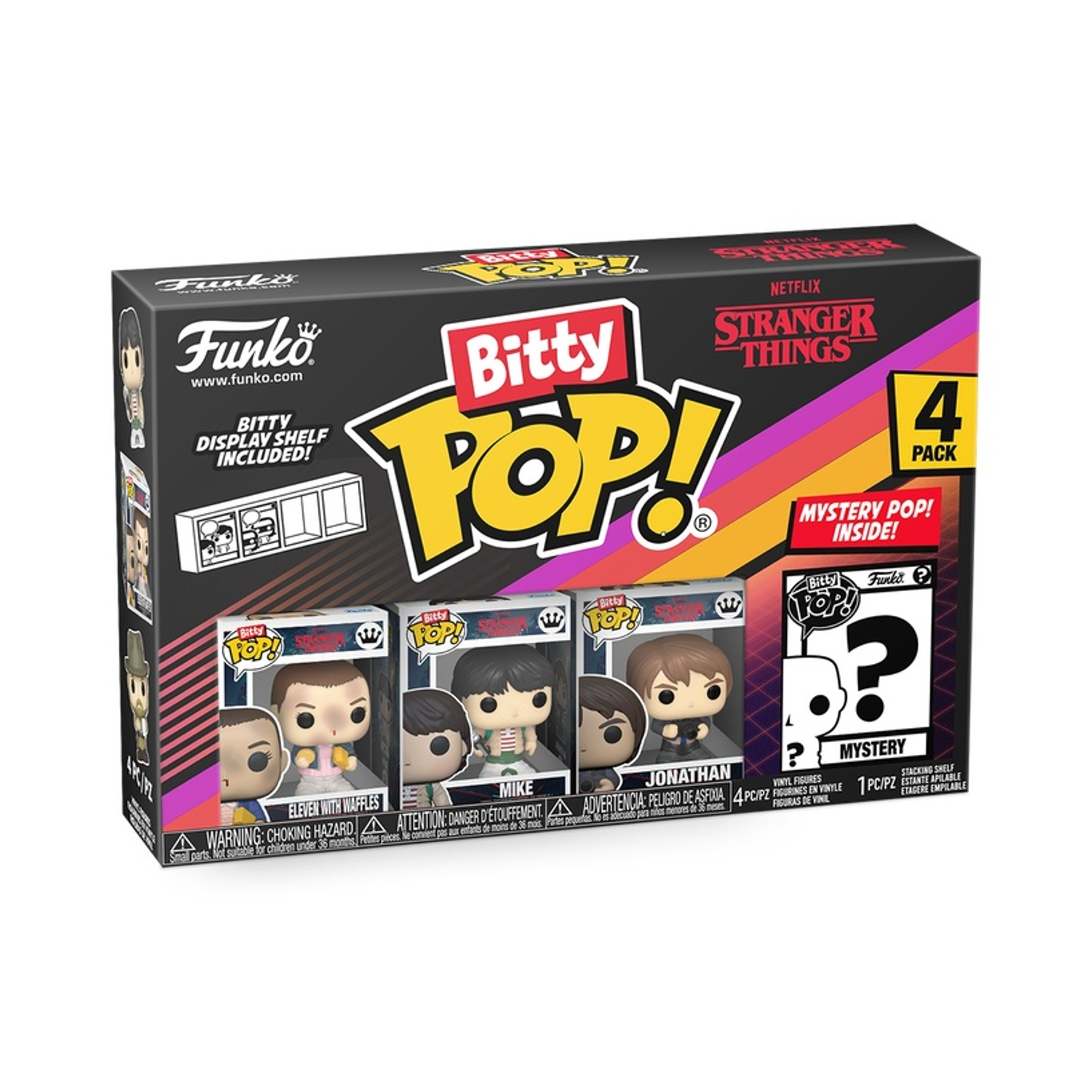 Set di scatole di personaggi Bitty Pop di Stranger Things. Include Eleven, Mike, Jonathan e un personaggio misterioso. Logo Funko visibile.