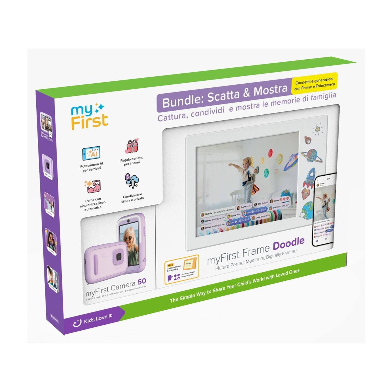 Scatola con prodotti myFirst. Contiene una cornice digitale, una fotocamera rosa e testo promozionale sulla cattura e condivisione dei ricordi.