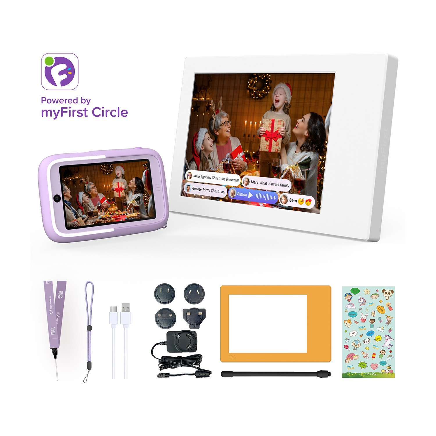 Una cornice digitale e un tablet mostrano una videochiamata di famiglia. Gli accessori includono caricabatterie, adesivi e un cinturino.