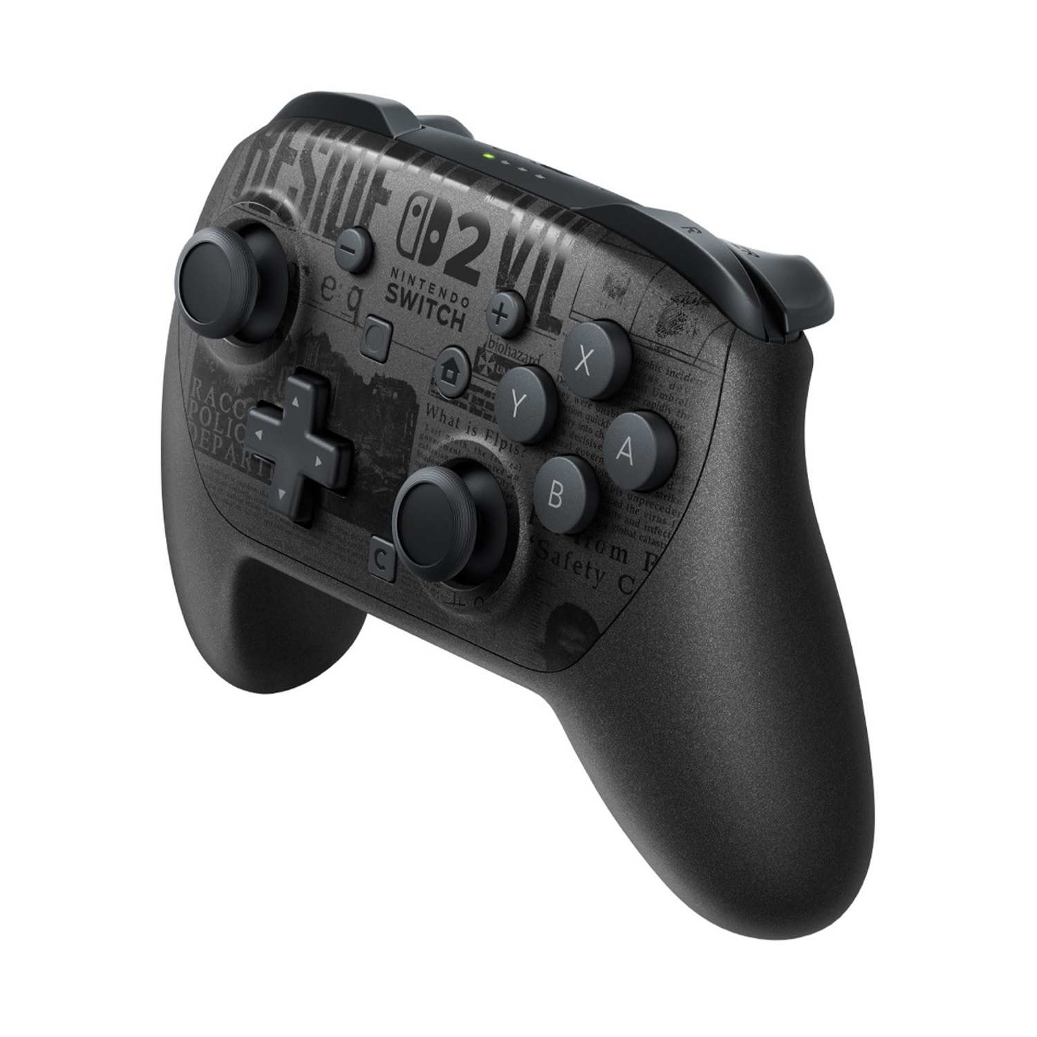 Controller Nintendo Switch nero. Presenta pulsanti, joystick e testo di Resident Evil 2. Isolato su sfondo bianco.