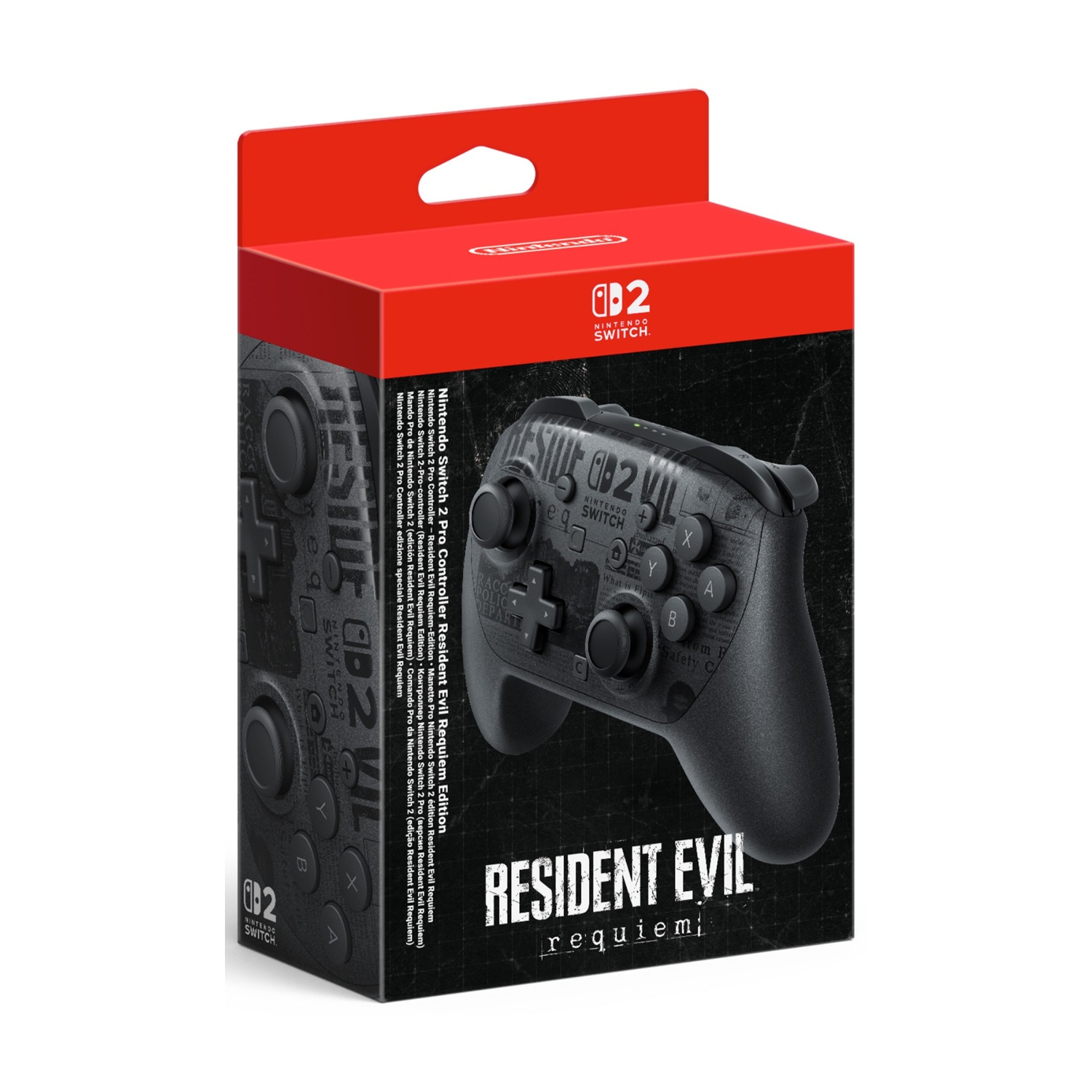 Una scatola del controller Nintendo Switch 2 Pro, controller nero con Resident Evil requiem.