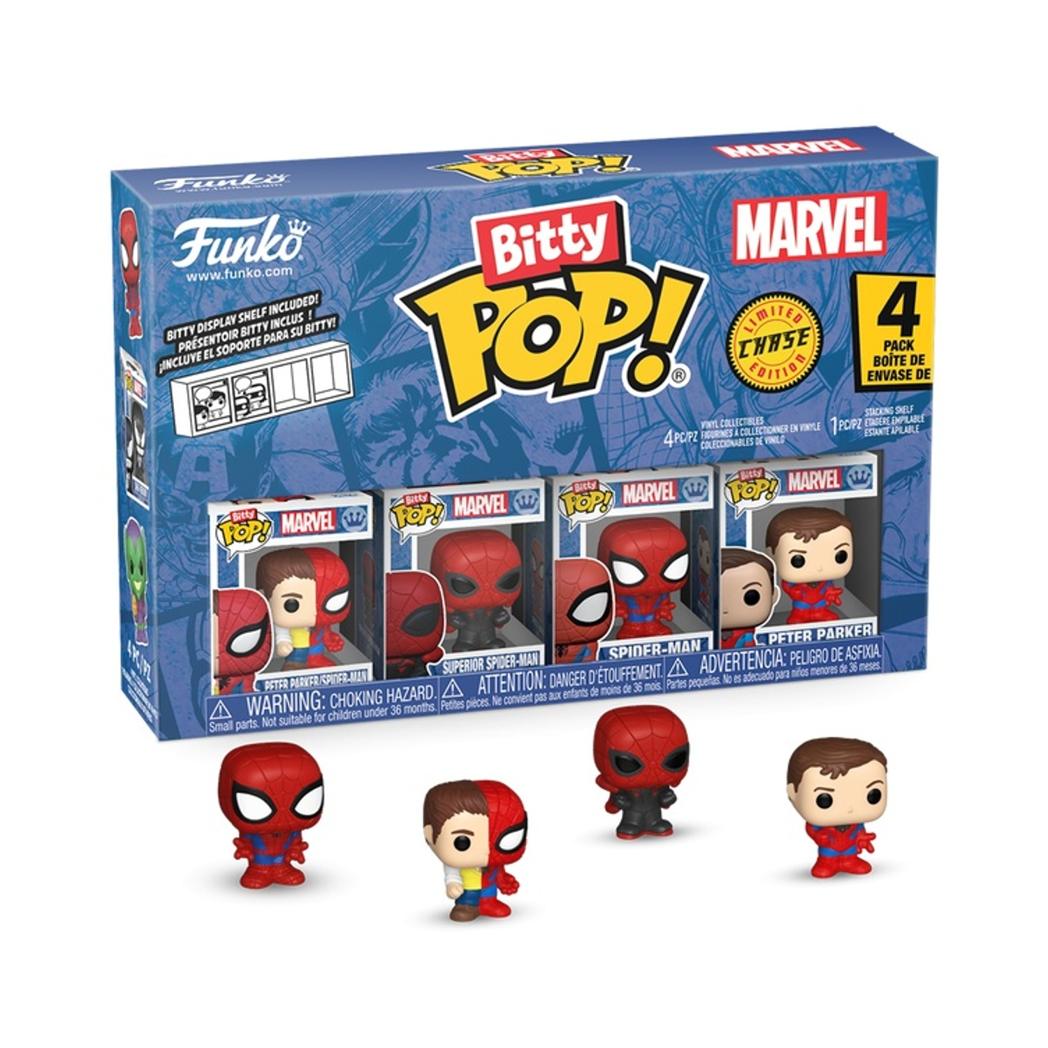 Un set di scatole Marvel Bitty Pop con quattro statuette di Spider-Man e una mensola espositiva. La scatola è blu, con il marchio Marvel e Funko.