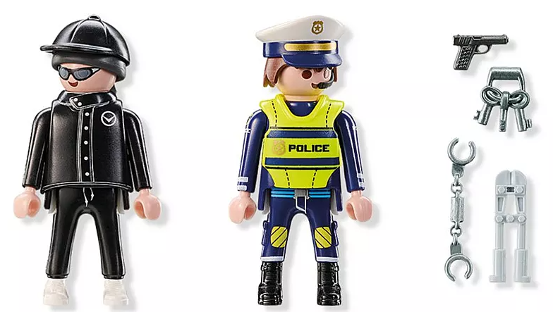 Das Bild zeigt zwei Playmobil-Figuren: eine Person in Schwarz und einen Polizisten. Zubehör umfasst eine Pistole, Handschellen und Schlüssel.
