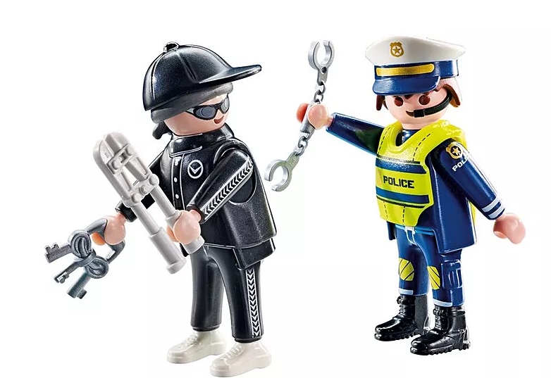 Zwei Playmobil-Figuren: ein Einbrecher mit Werkzeug und ein Polizist mit Handschellen. Der Einbrecher trägt Schwarz, der Beamte Blau.
