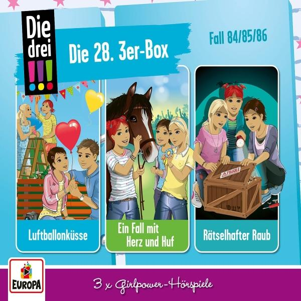 Cover für 'Die drei ???' mit drei Buchumschlägen. Jedes zeigt Cartoon-Mädchen mit Ballon, Pferd und Holzkiste.