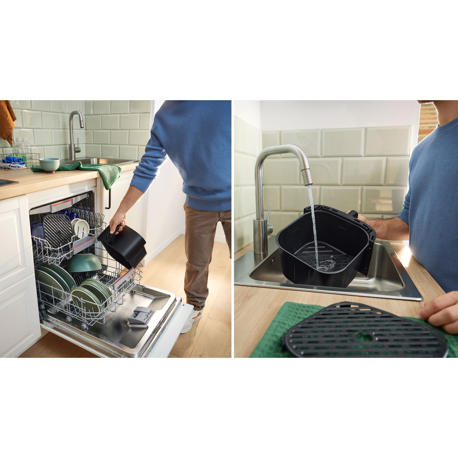 A person is washing and loading an air fryer. Dishes in the dishwasher, air fryer parts being washed and dried.