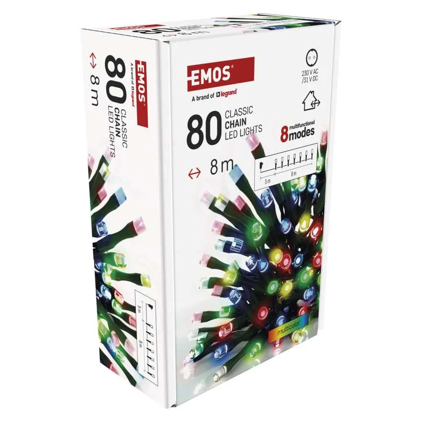 EMOS LED-es lámpák doboza. 80 lámpája van, 8 méter hosszú, többszínű. 8 üzemmódot és 230V AC-t tartalmaz.