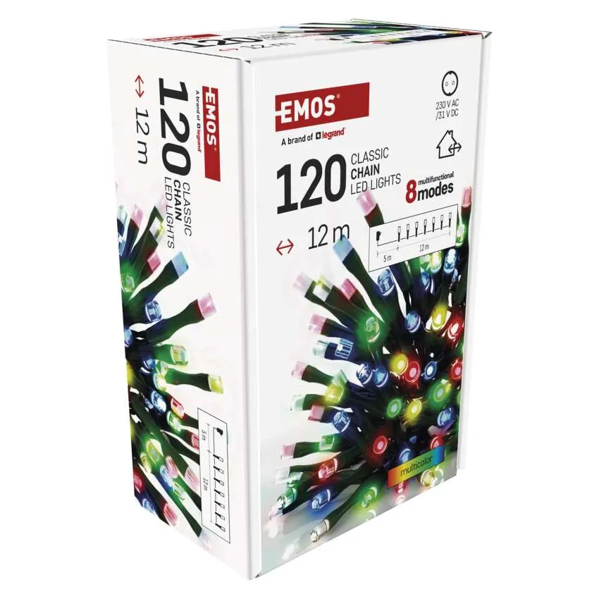 EMOS klasszikus LED-es lámpák doboza, többszínű, 120 lámpa, 12 m hosszúság, 8 móddal. Fehér doboz termékadatokkal.