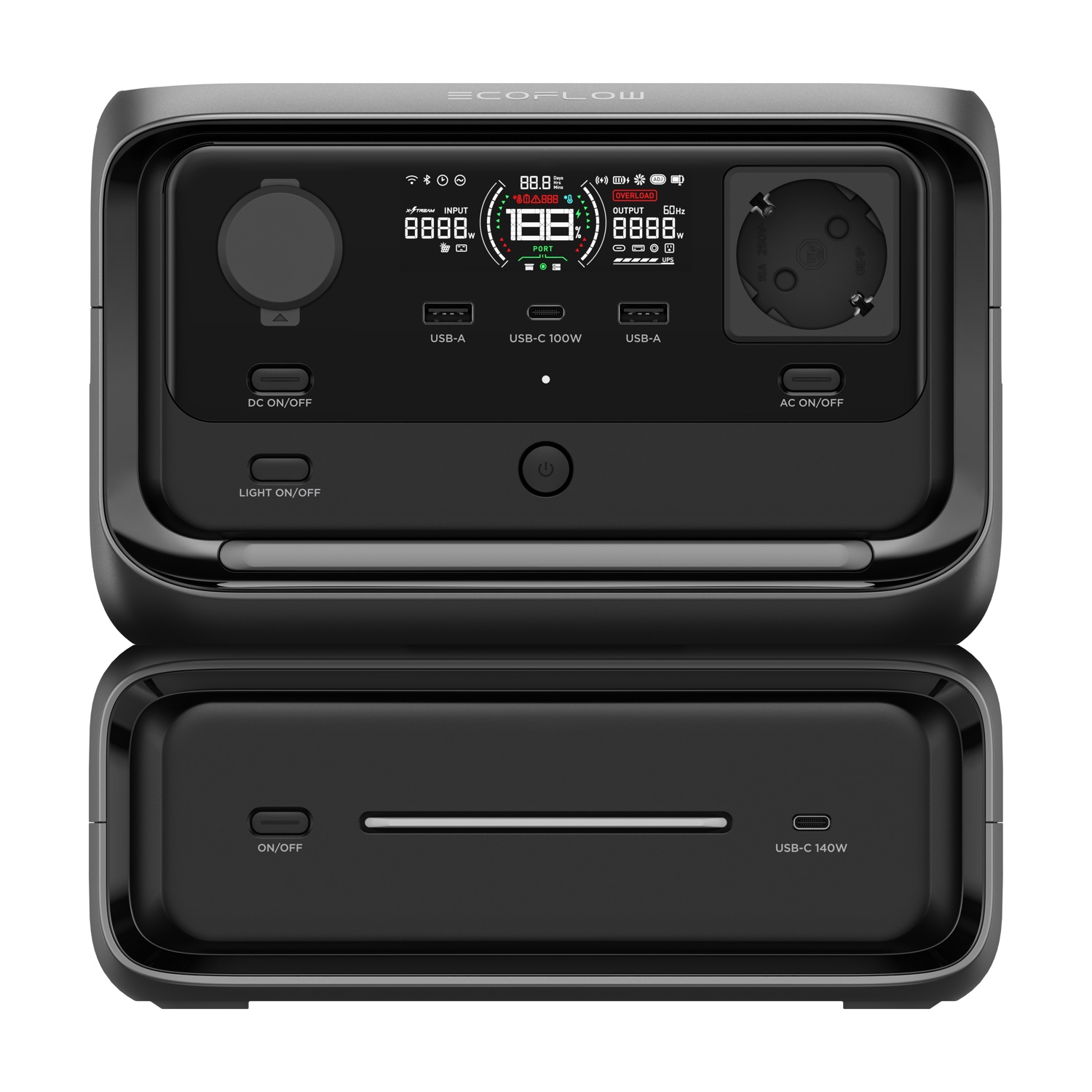 Centrale elettrica portatile nera con display, prese e porte, che mostrano ingresso e uscita. Base separata con pulsante on/off e porta USB-C.