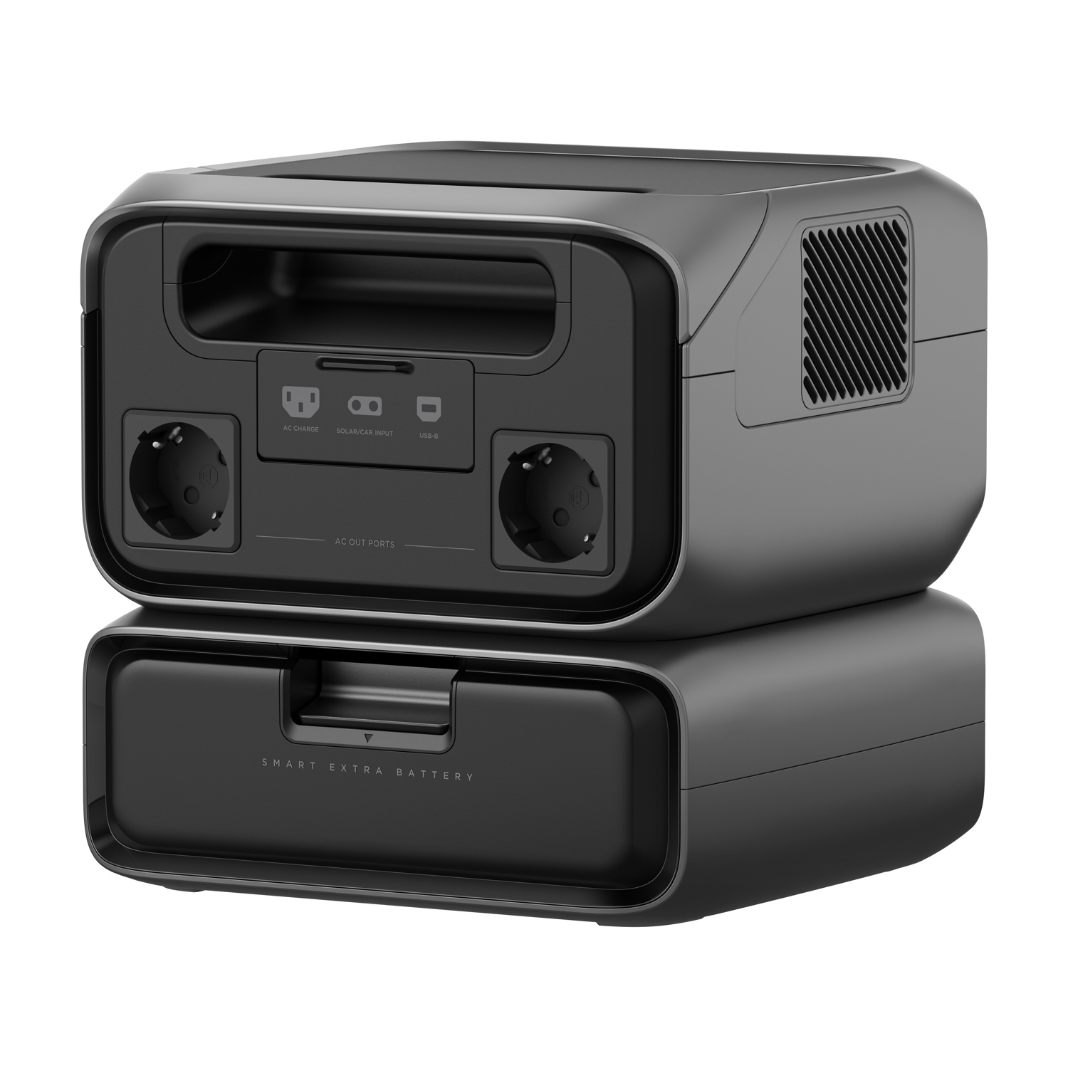 Una stazione di alimentazione nera con maniglia, prese CA e un cassetto con l'etichetta 'SMART EXTRA BATTERY'. Ha prese d'aria e porte di ingresso.