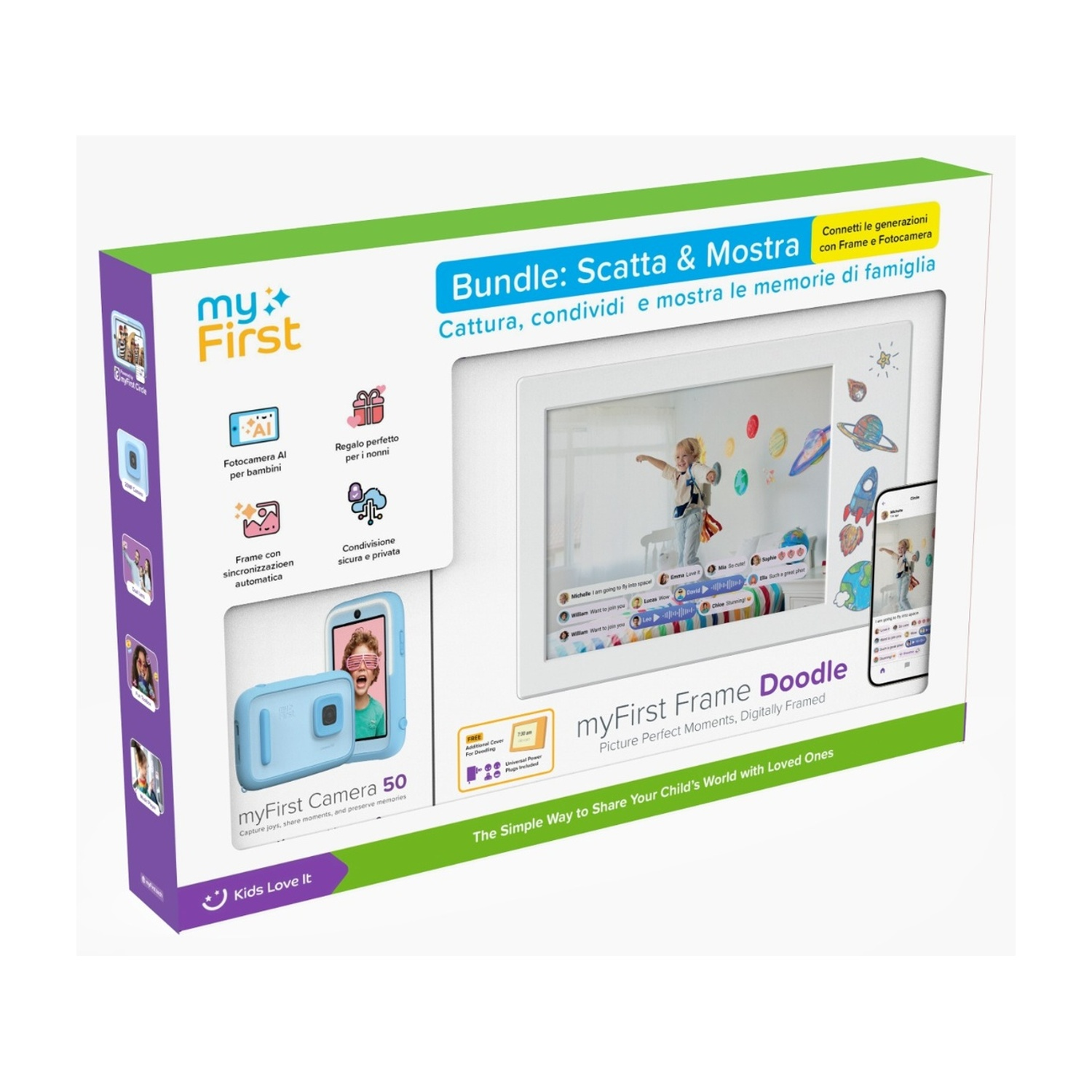Scatola con prodotti 'myFirst'. Include una fotocamera e una cornice digitale. La cornice mostra un disegno di un bambino con un bambino.