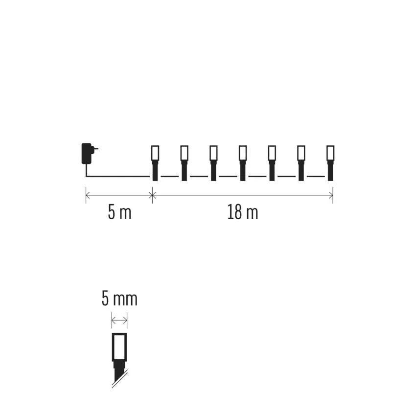 A diagram egy fényfüzért mutat. A füzér 18 m hosszú, 5 m kábellel. Egyetlen lámpa 5 mm.