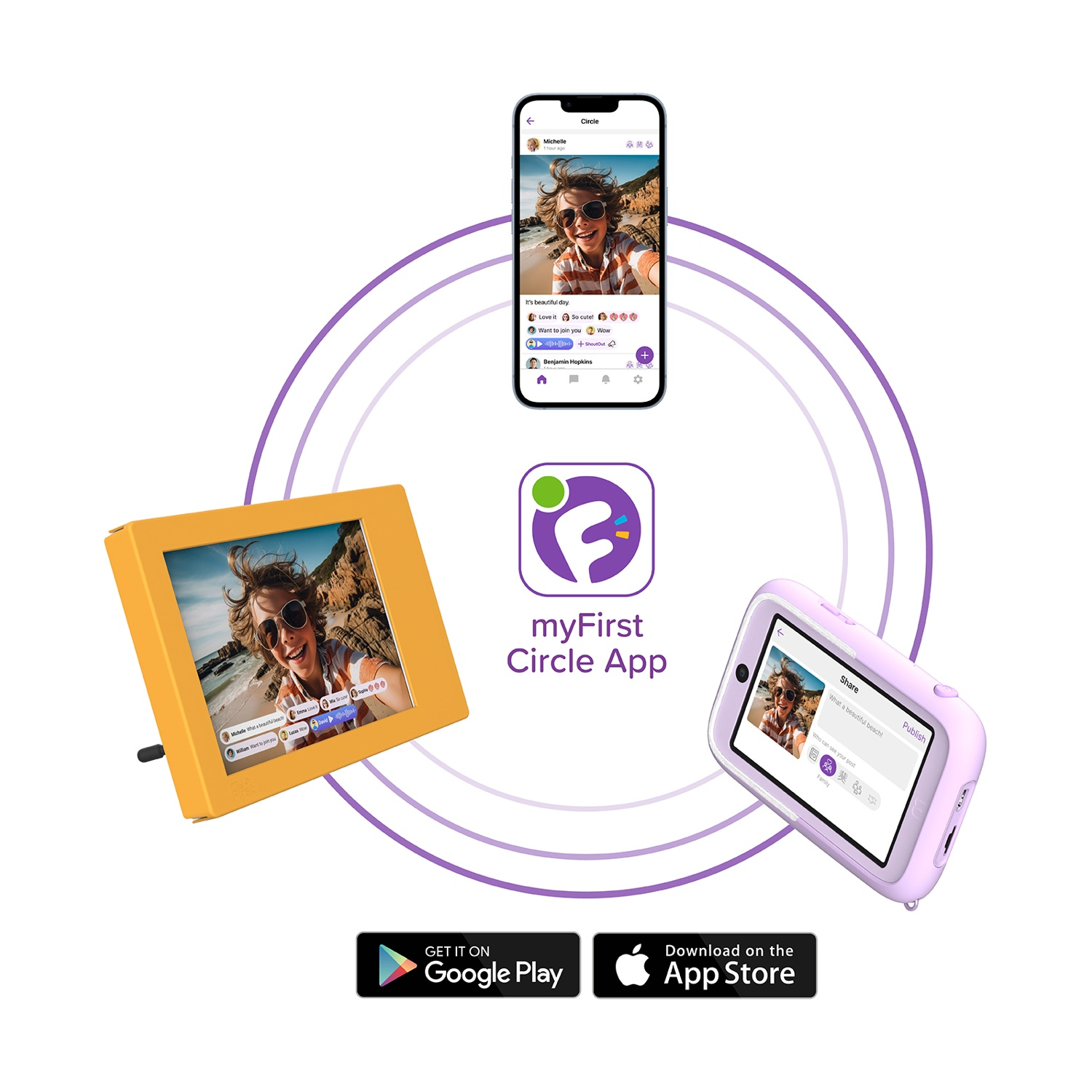 L'immagine mostra un telefono, due schermi e il logo dell'app myFirst Circle. I pulsanti di download dell'App Store sono in basso.