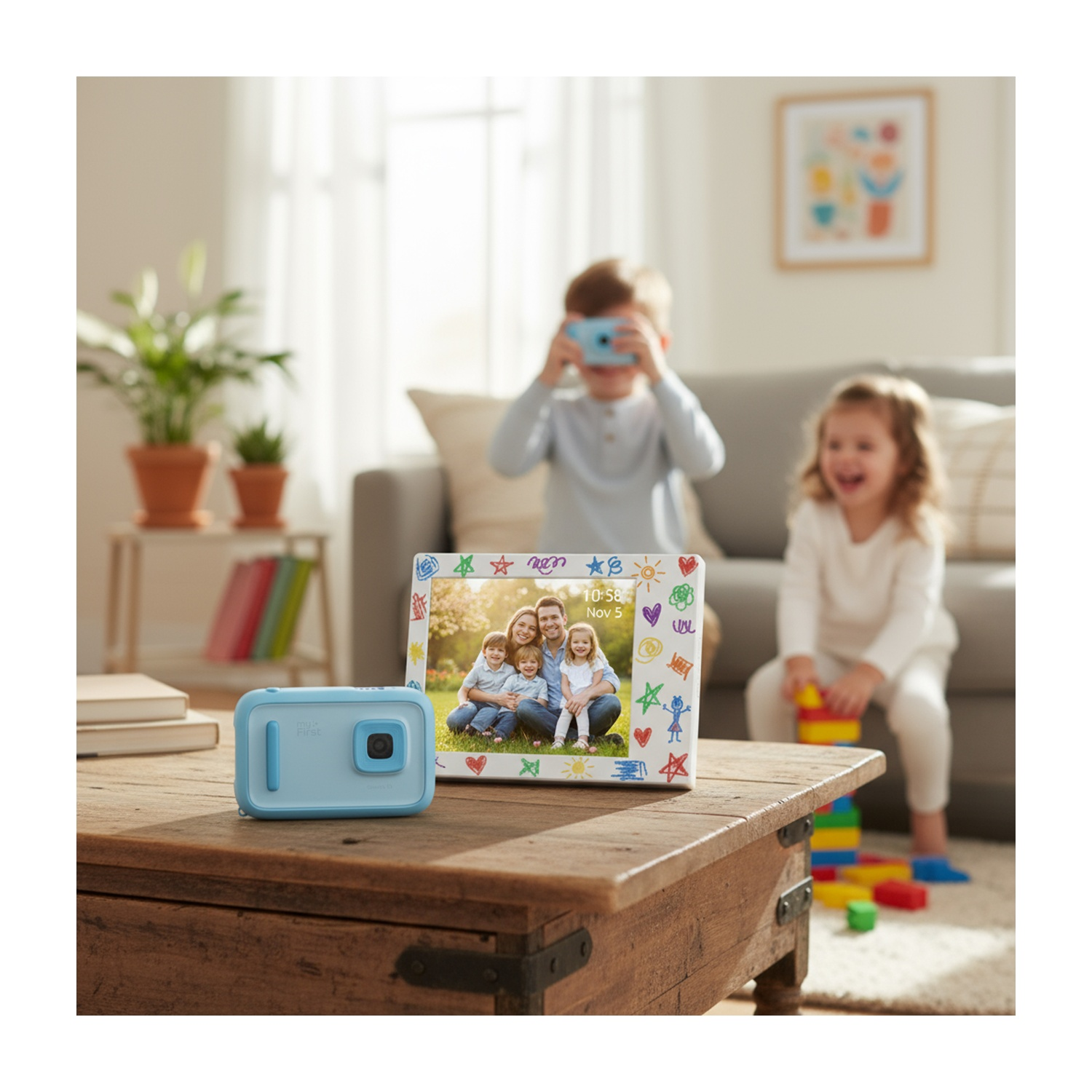 Un bambino scatta una foto con una fotocamera blu. Una foto di famiglia incorniciata e un bambino che gioca con i blocchi sono sullo sfondo.
