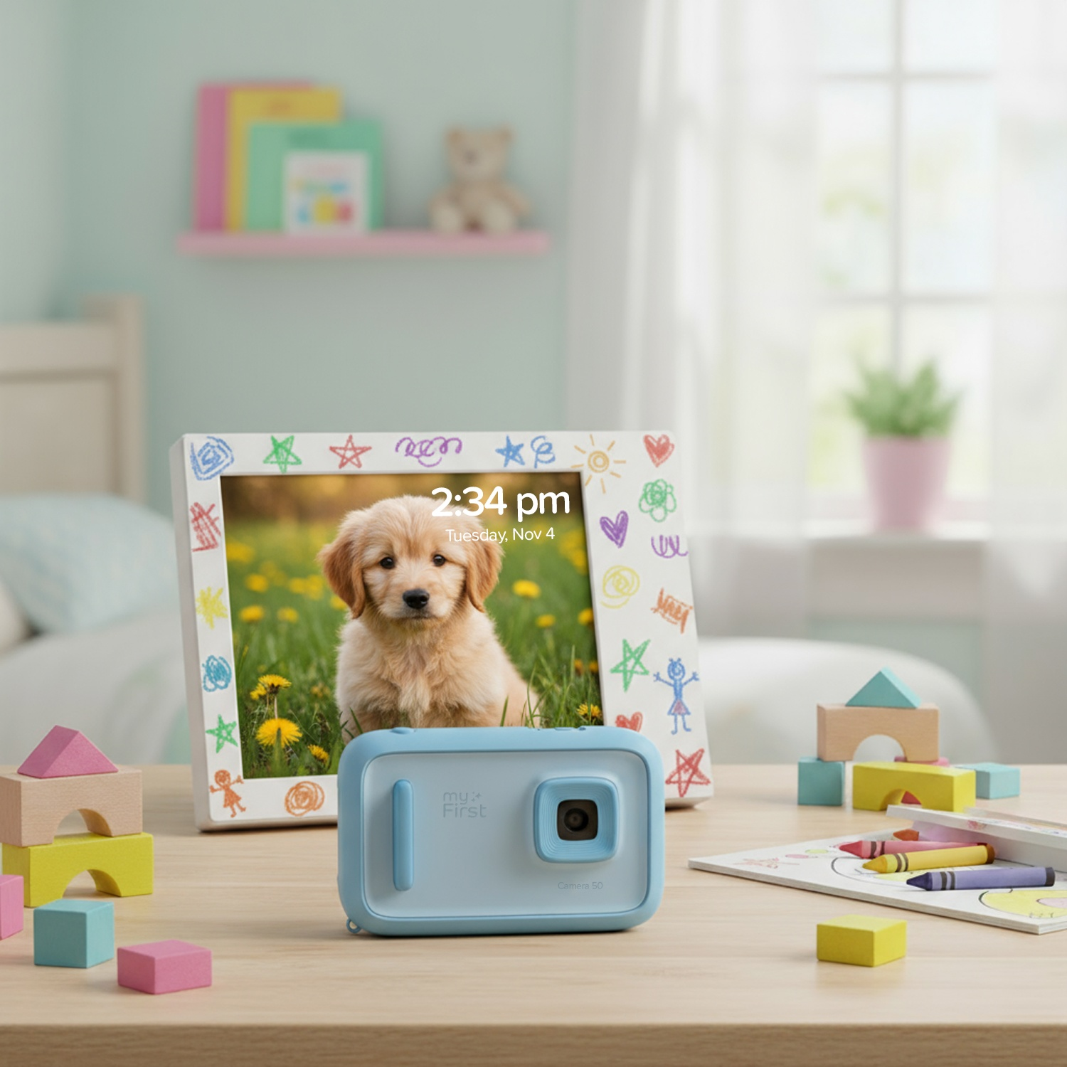 Un tavolo mostra una fotocamera, una foto di un cucciolo, blocchi colorati e pastelli. Sullo sfondo c'è una camera da letto con finestra.