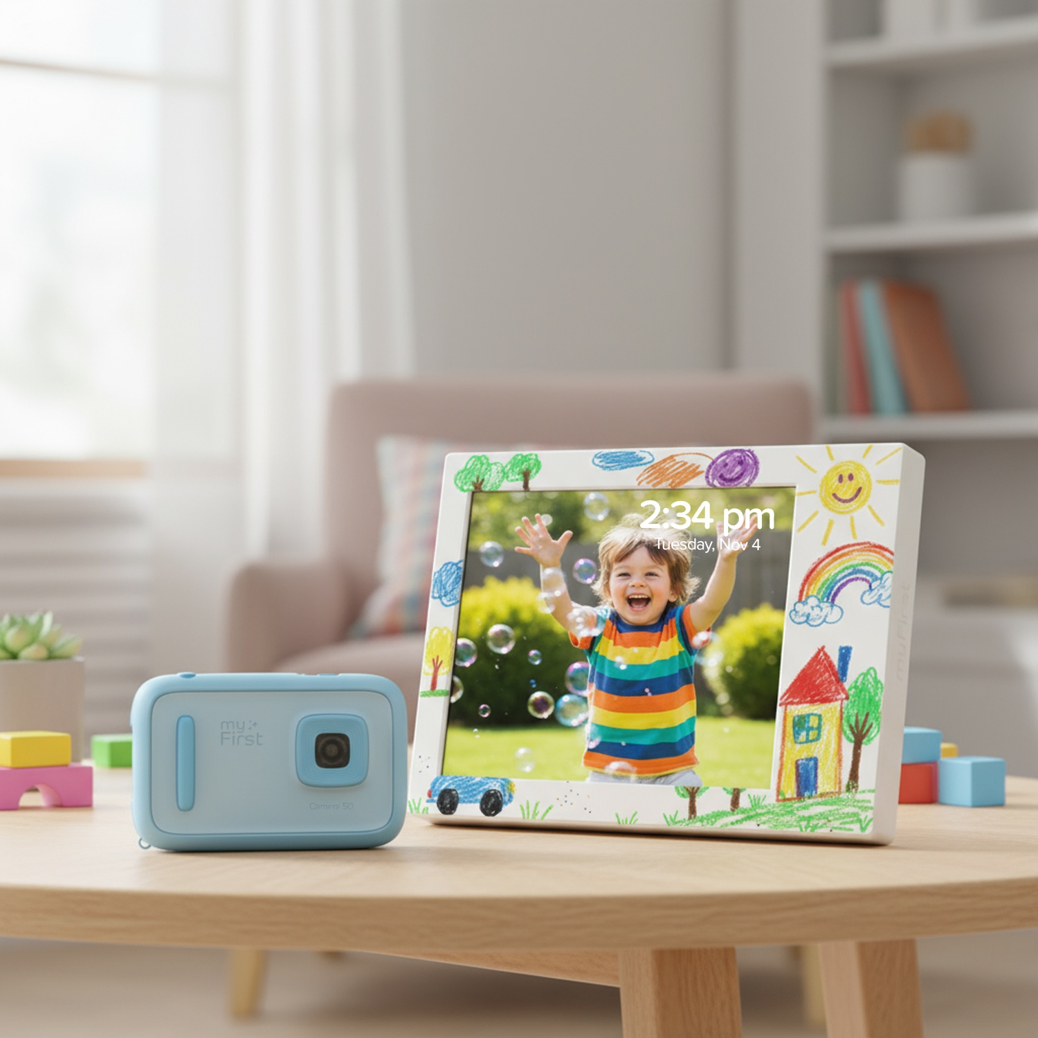Una foto incorniciata mostra un bambino che gioca con le bolle. Una fotocamera blu è sul tavolo. La cornice ha disegni di una casa e di un arcobaleno.