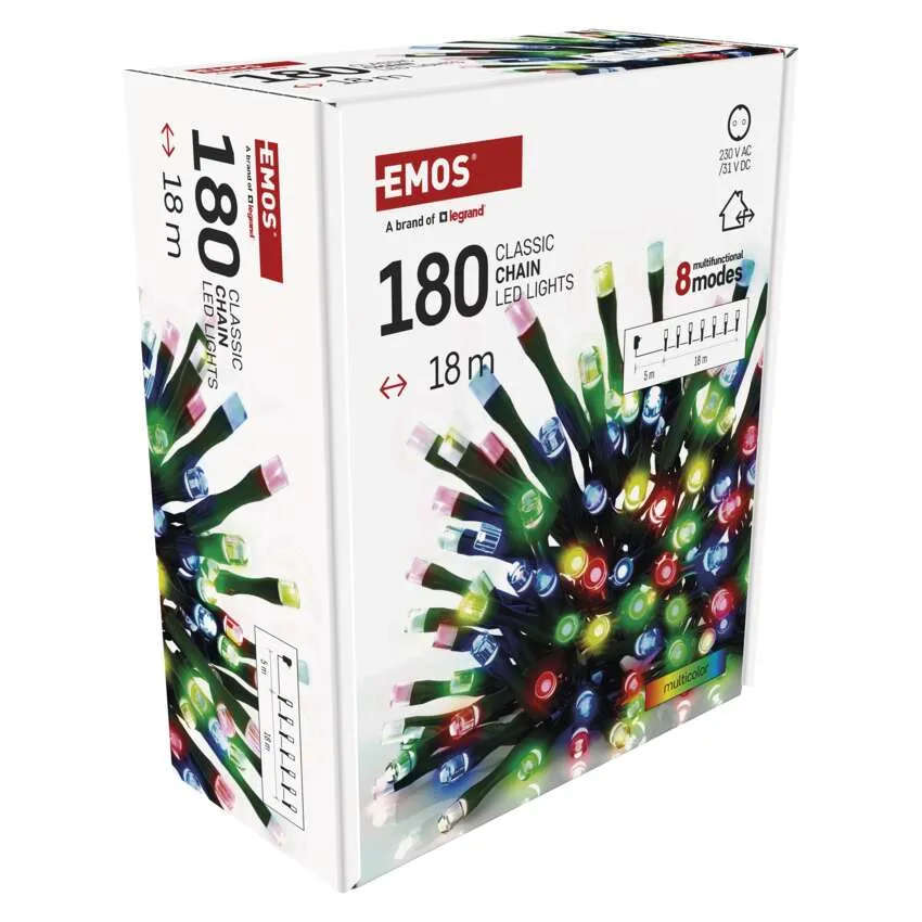 EMOS Classic Chain LED-es fények doboza. A doboz a lámpákat, a hosszát és a funkcióit, mint például a 8 módot és a többszínűséget mutatja.