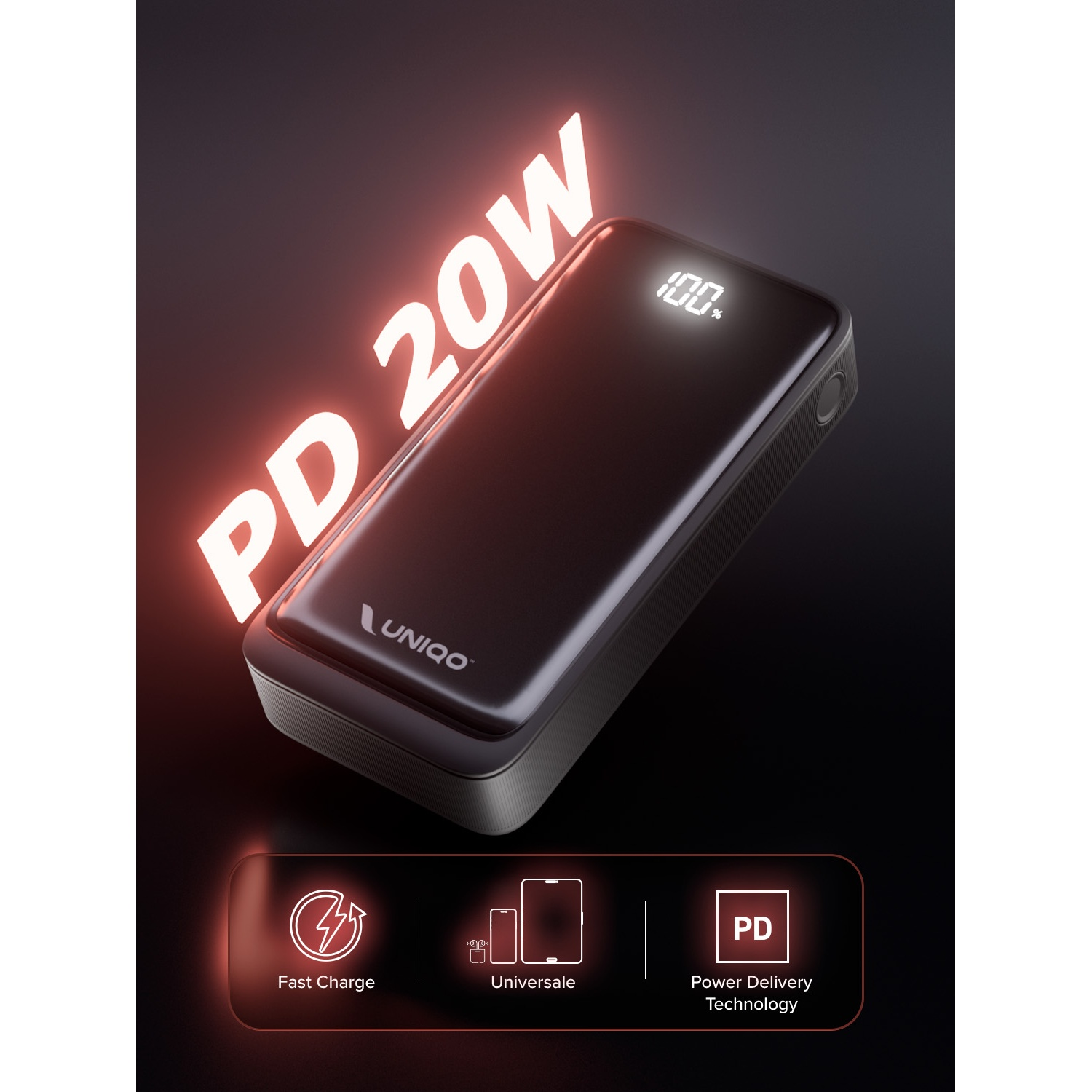 Power bank UNIQO nero che mostra il 100% di carica. Caratteristiche: ricarica rapida, compatibilità universale e tecnologia Power Delivery.