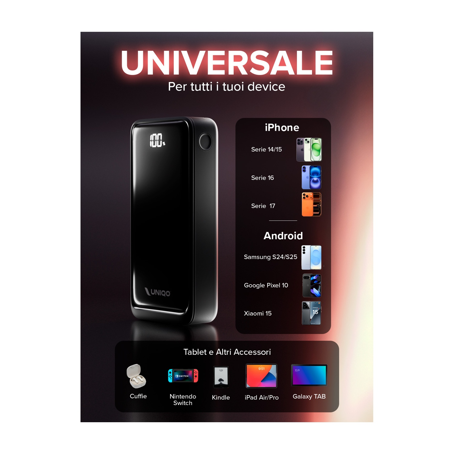 Power bank nero con display digitale, marchio del prodotto. Compatibile con iPhone, Android, tablet e accessori.