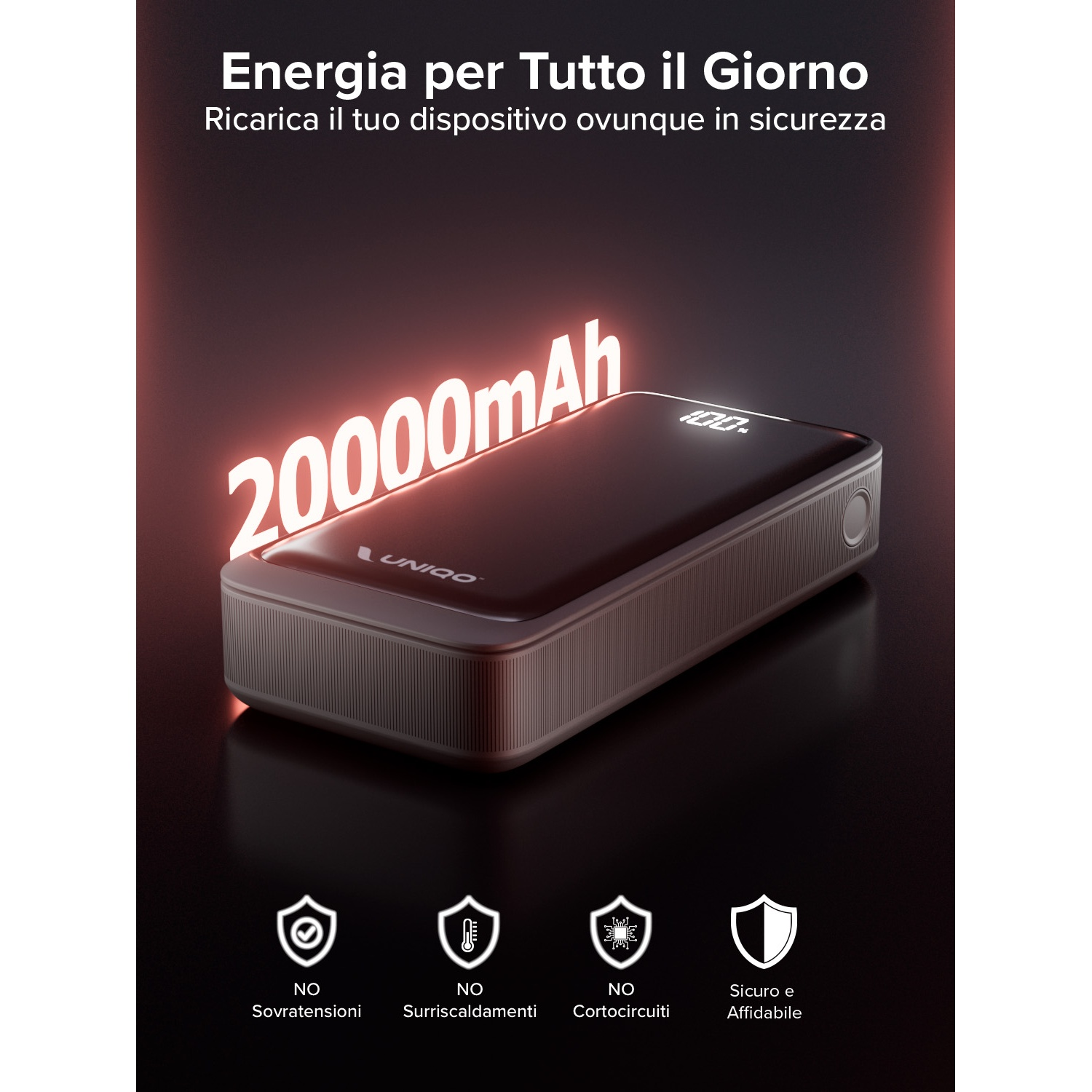 Un power bank da 20000mAh. Il testo dice 'Energia per Tutto il Giorno'. Include protezione da sovratensione e cortocircuito.