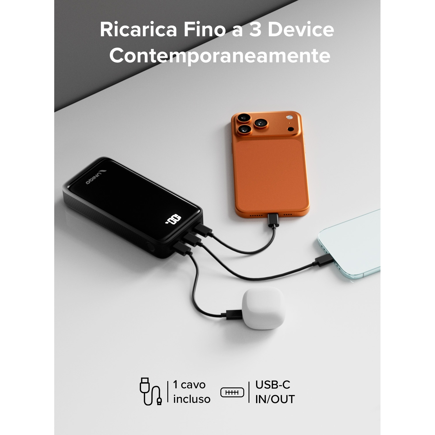 Un power bank che carica tre dispositivi: telefono arancione, custodia bianca per auricolari e telefono azzurro. Testo in alto: 'Ricarica fino a 3 dispositivi'.