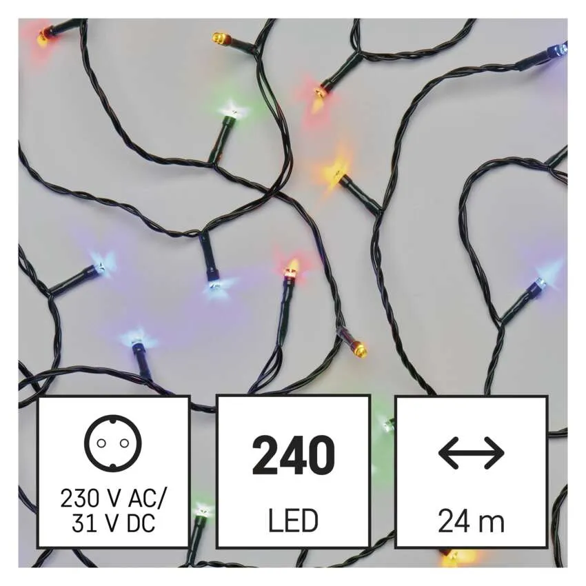 Színes LED-es füzérvilágítás. Információs dobozok mutatják a feszültséget, a LED-ek számát (240) és a hosszt (24 m).