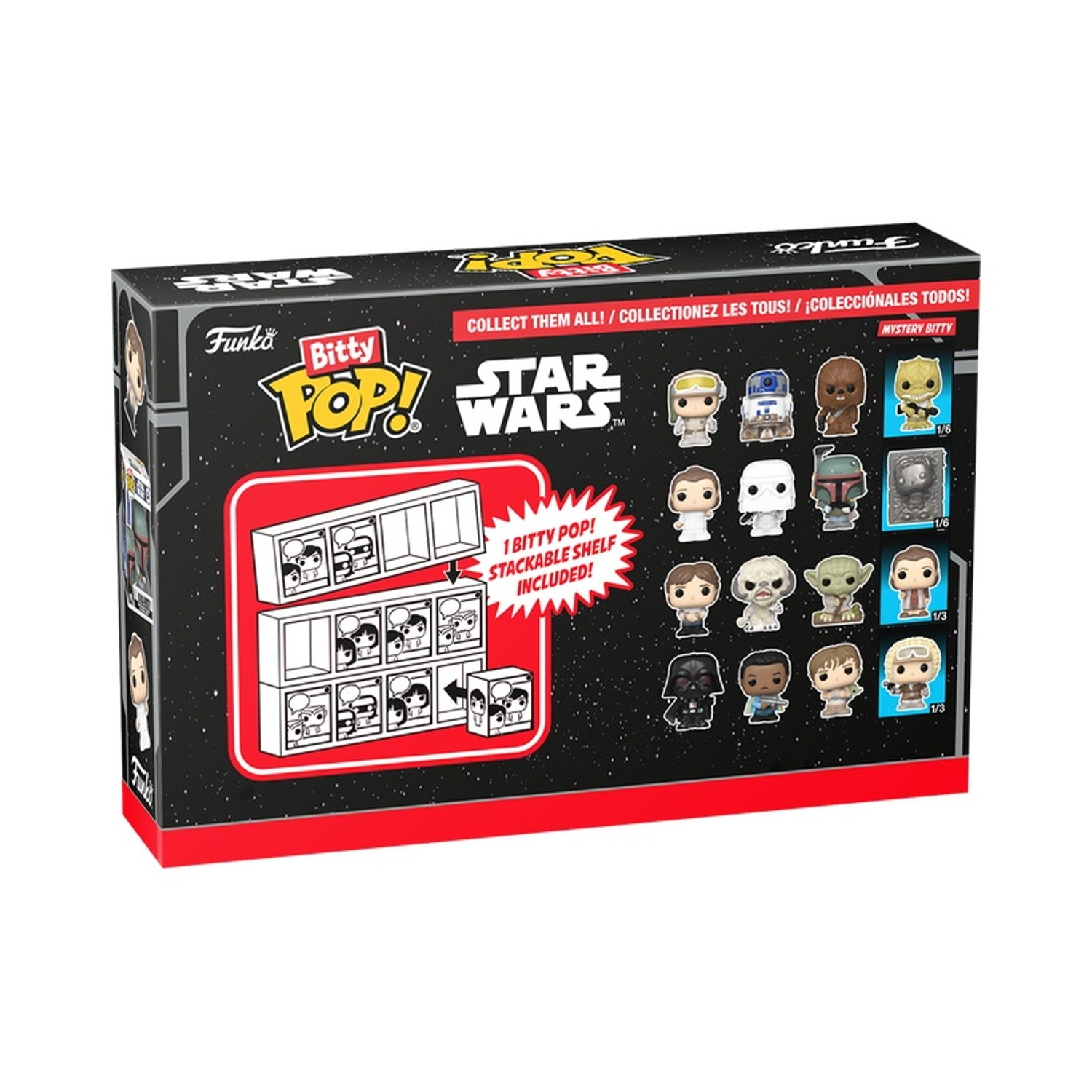 Una scatola di Funko Pop! Star Wars. Presenta mini-figure di personaggi come Darth Vader e Yoda. La scatola è nera con accenti rossi.