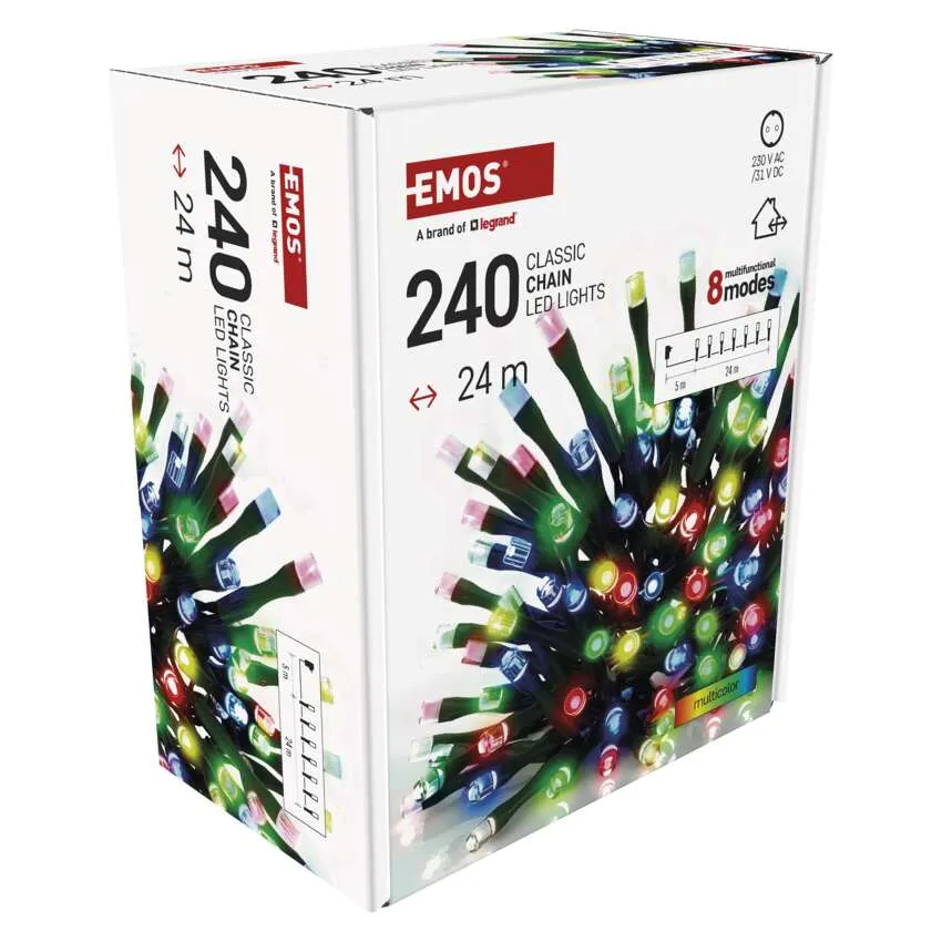 EMOS 240 LED-es lámpák doboza, többszínű, 24 m hosszú. A szöveg: 'CLASSIC CHAIN LED LIGHTS' a módok és a feszültség részleteivel.