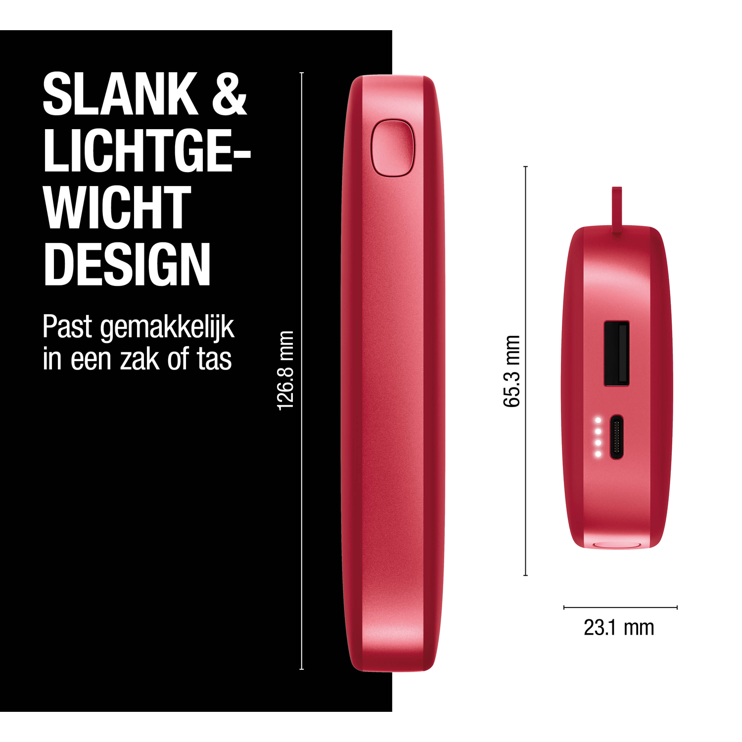 Red electronic device with dimensions shown. Text reads 'SLANK & LICHTGEWICHT DESIGN'. Other text 'Past gemakkelijk in een zak of tas'.