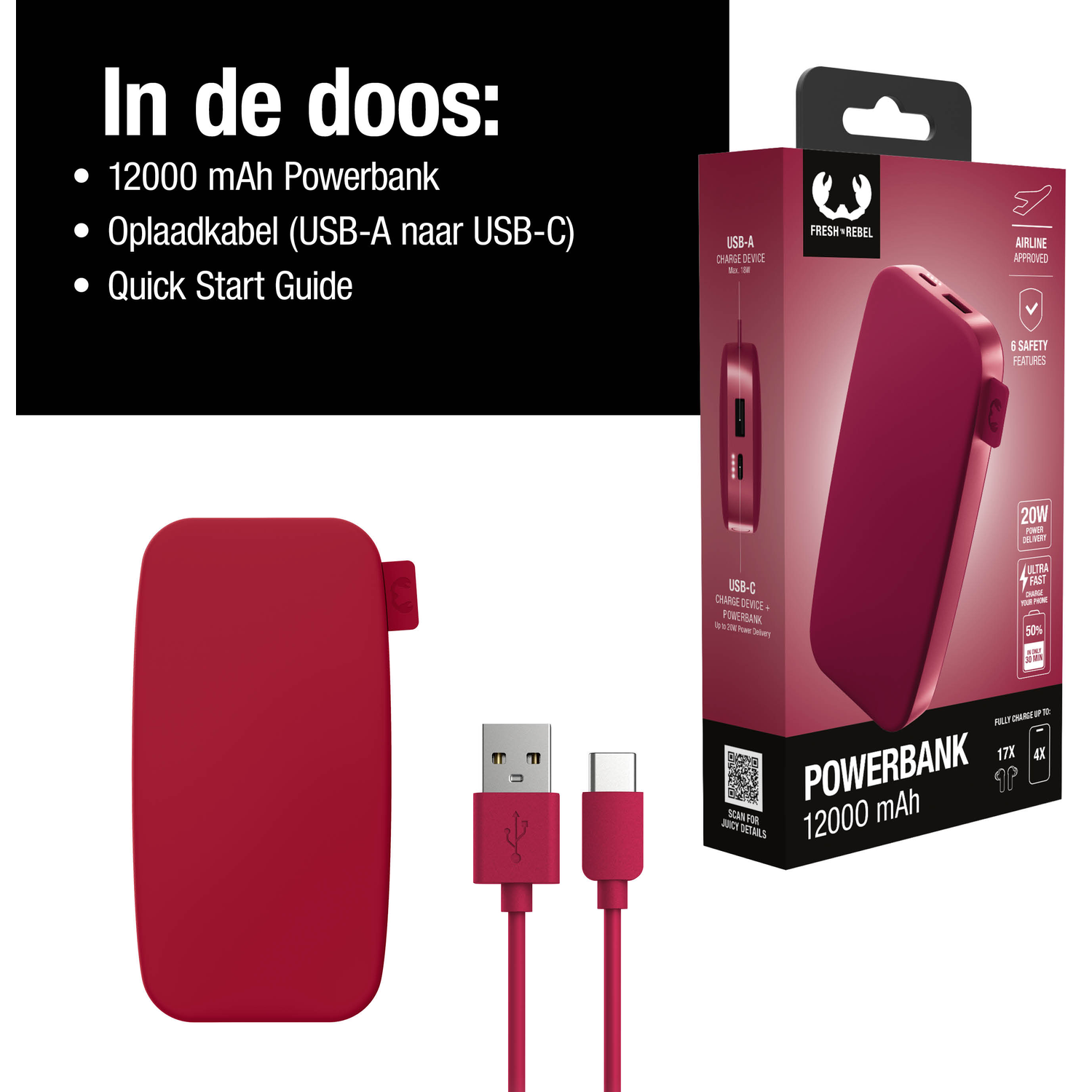 Red power bank, USB-A to USB-C cable, and a box with the power bank details. Text: 12000 mAh Powerbank.