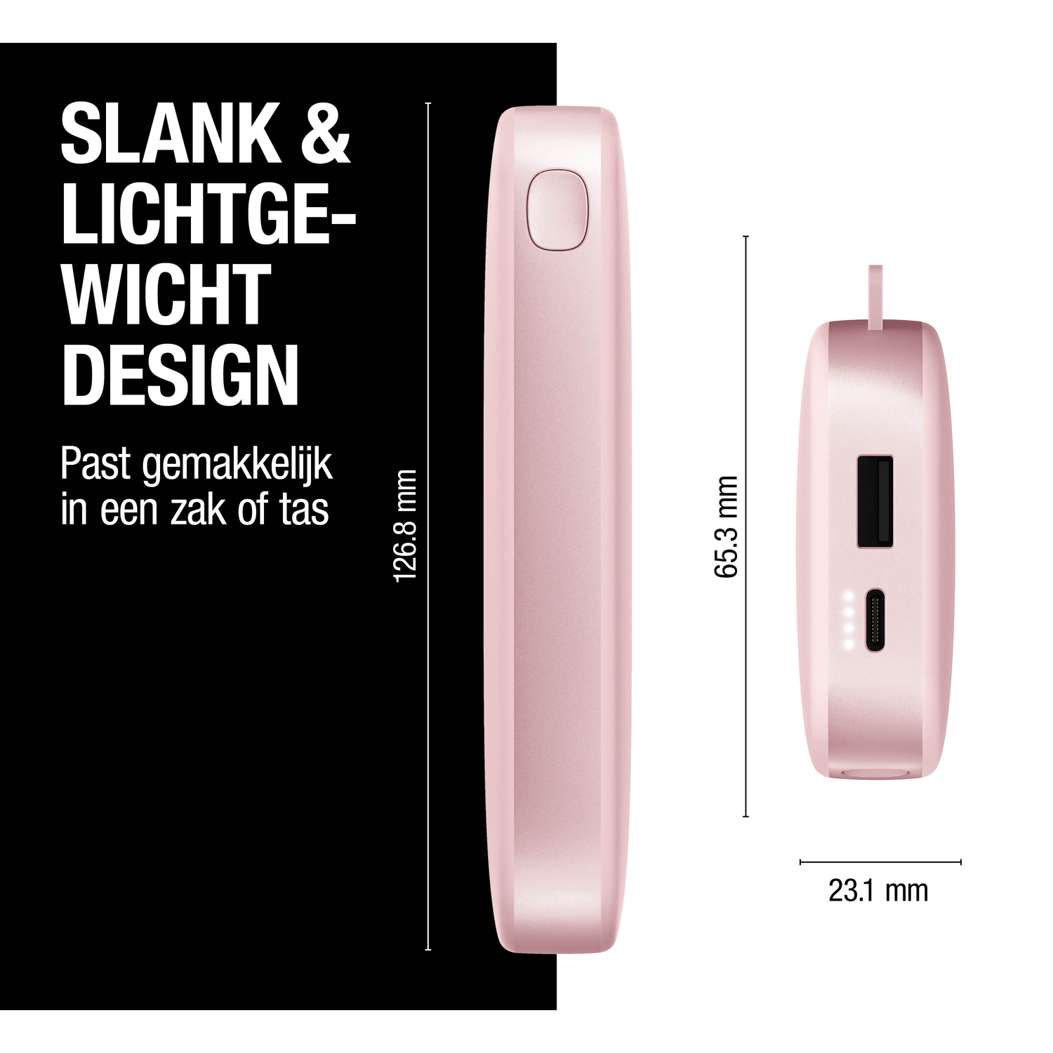A pink, slim device is shown in two orientations. Measurements are labeled: 126.8 mm, 65.3 mm, and 23.1 mm. Text reads 'Slim & Lightweight Design'.