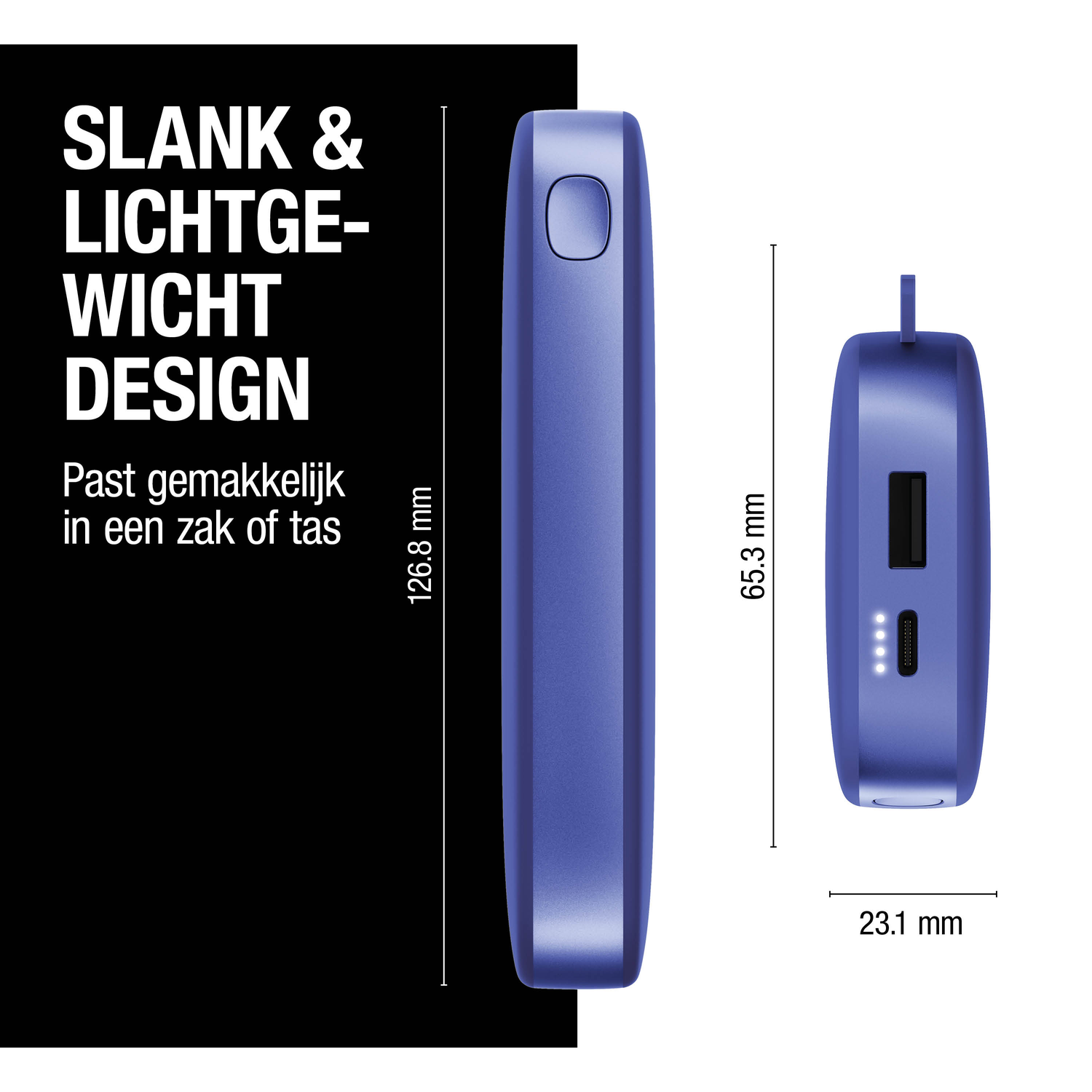 A blue slim electronic device with dimensions labeled. Text reads 'SLANK & LICHTGEWICHT DESIGN' and 'Past gemakkelijk in een zak of tas'.