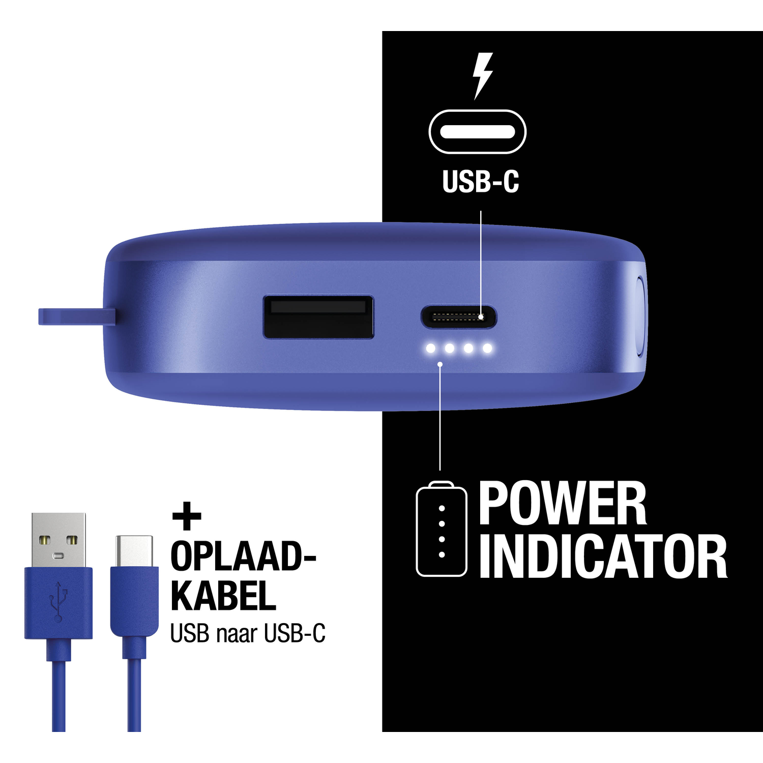 Blue power bank with USB-C and USB ports, a USB to USB-C charging cable, and a power indicator. Black and white background.