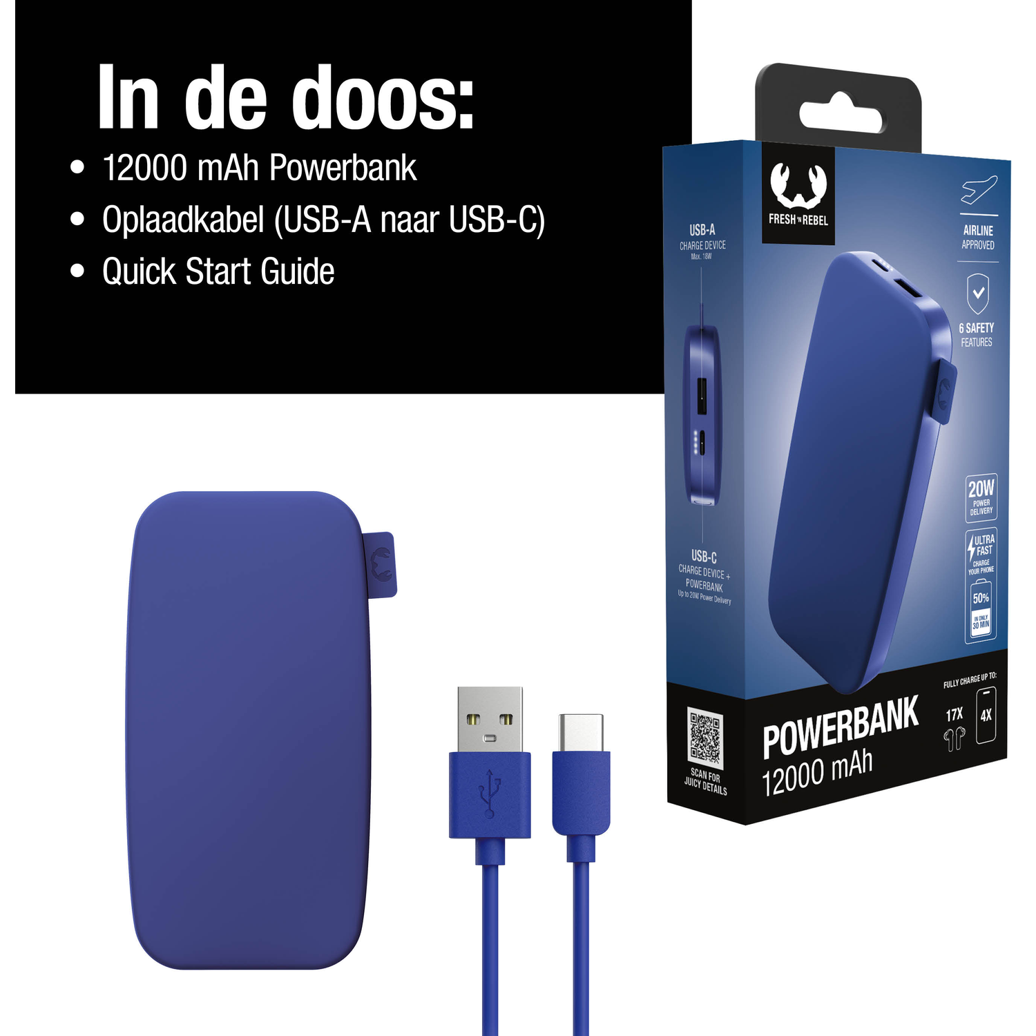A blue power bank, USB cable, and box with text: '12000 mAh Powerbank', and 'Quick Start Guide'.
