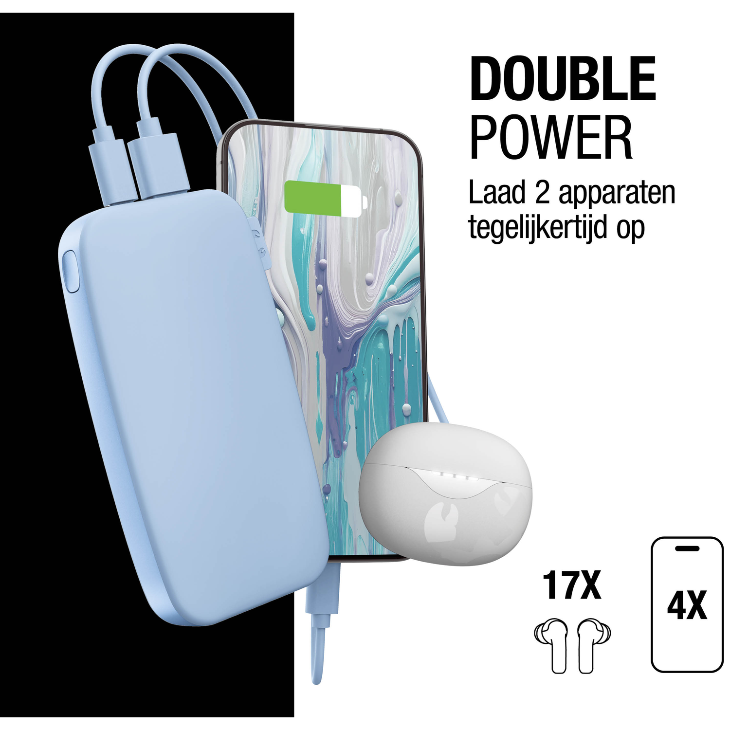 A light blue power bank, phone, and white earbuds are displayed. Text says 'DOUBLE POWER'. Phone shows charging. 17X earbuds, 4X phone.