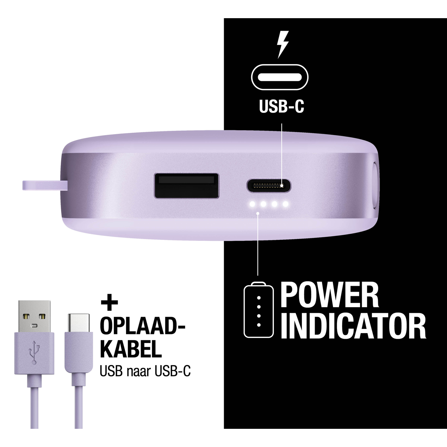 A purple power bank with USB-C and USB ports. Cables and power indicator are shown. Text labels: USB-C, power indicator, and charging cable.