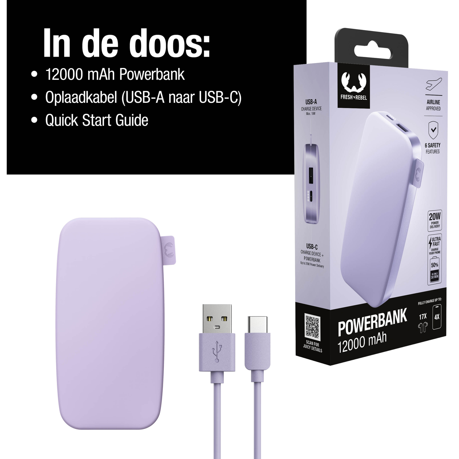 A purple power bank, cable, and box. The box lists items like a 12000 mAh power bank and quick start guide.