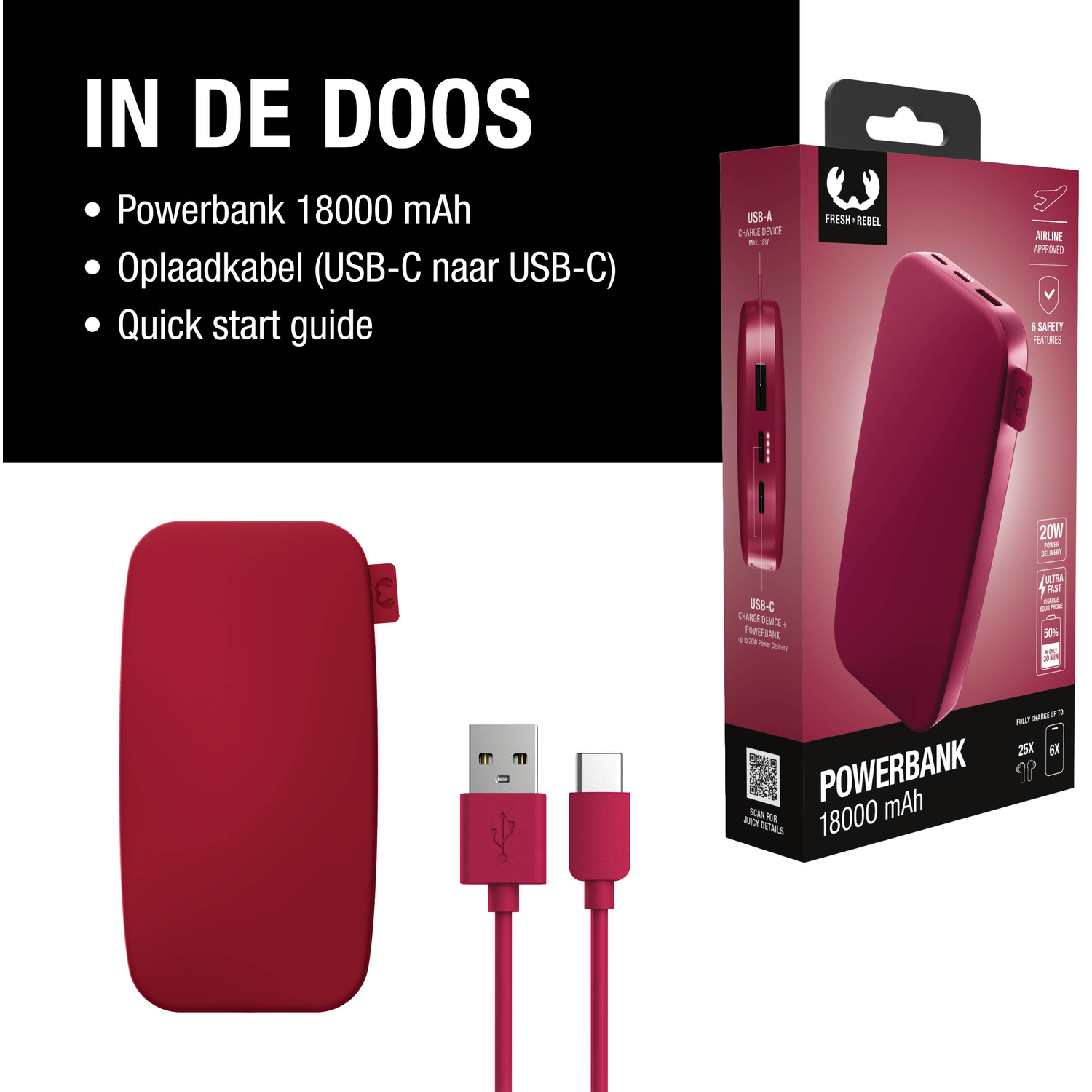 Red power bank with cable and box. Text: Powerbank 18000 mAh, USB-C, quick start guide. Box details: 20W, Ultra fast charge.