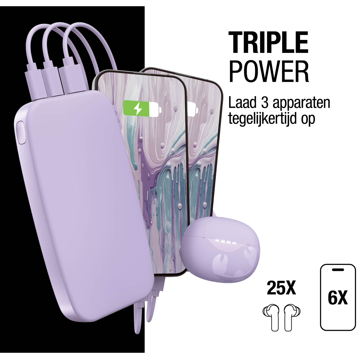 A power bank charging two phones and earbuds. Text says 'Triple Power' and 'Load 3 devices simultaneously'.