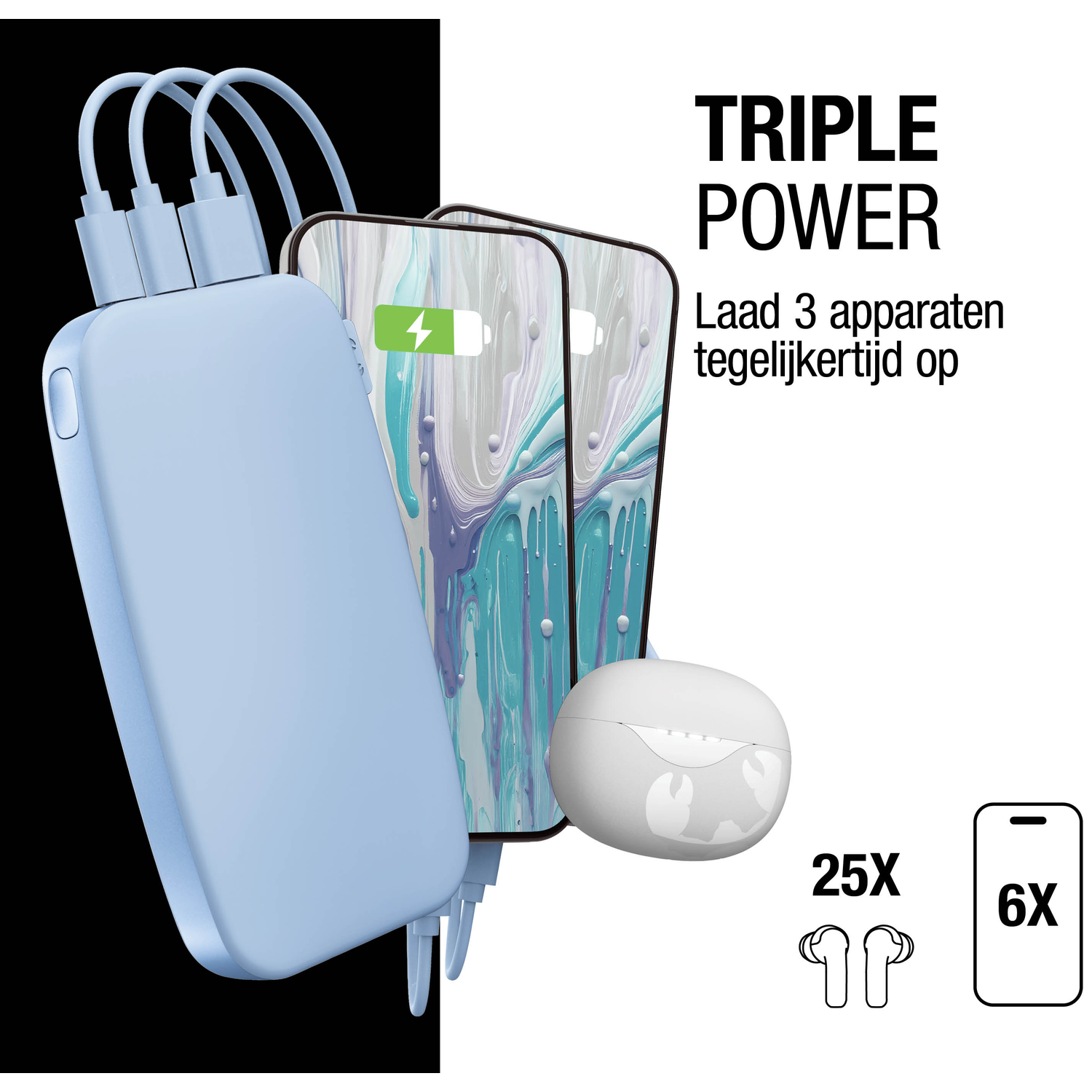 Image shows a power bank charging phones and earbuds. Text says 'Triple Power' and 'Charge 3 devices simultaneously'.