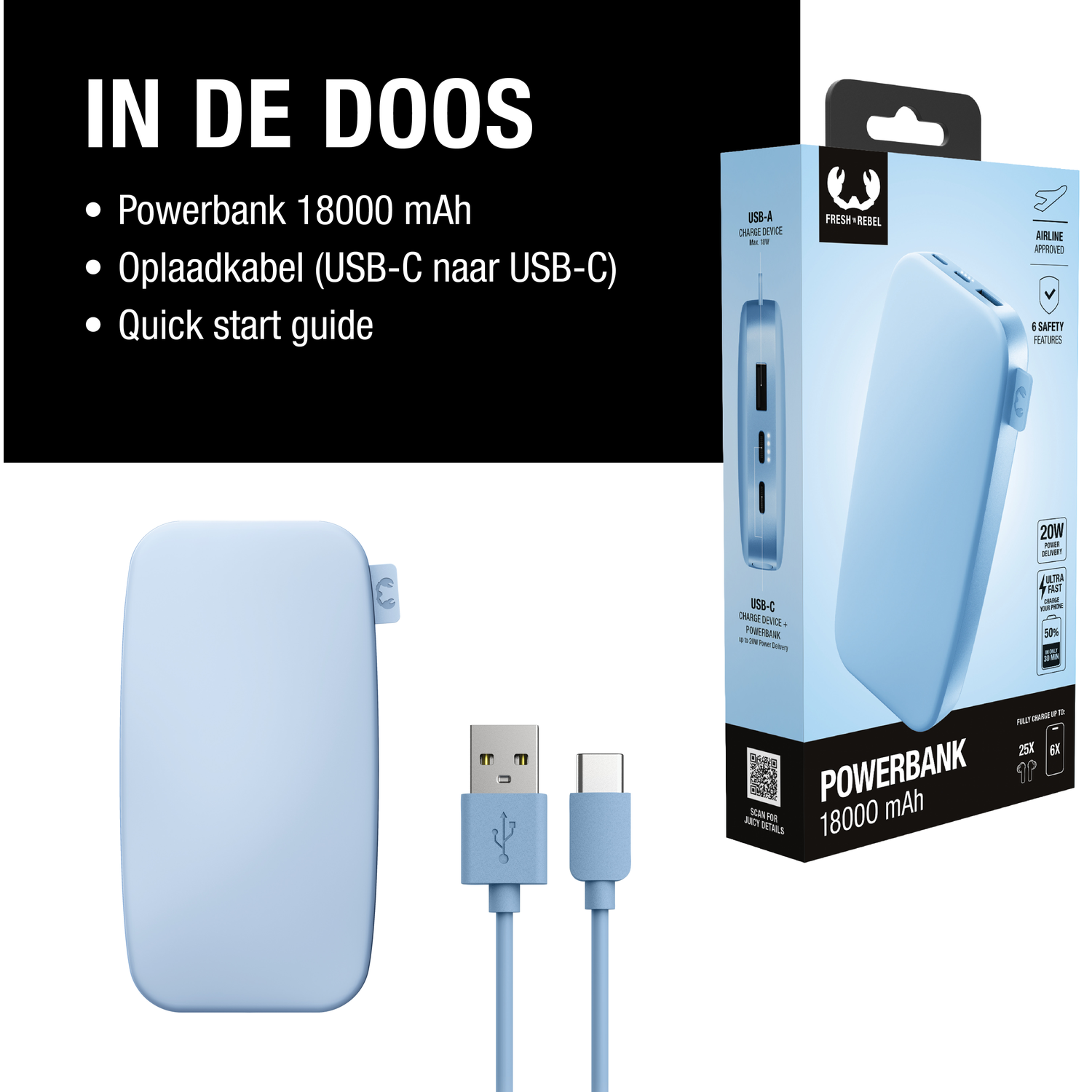 A light blue power bank, cable, and box with text: Powerbank 18000 mAh, USB-C, quick start guide. Brand: Fresh Rebel.