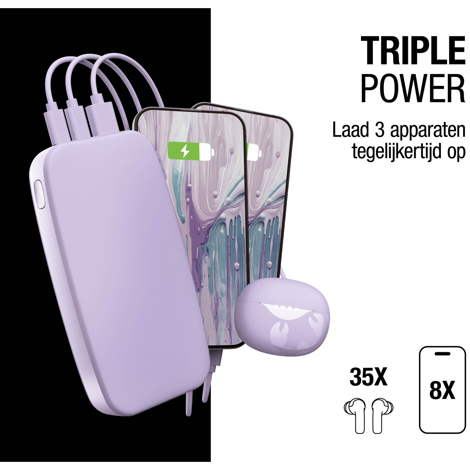 A purple power bank charges two phones and earbuds. Text says 'Triple Power'. Other text in Dutch. Black and white background.