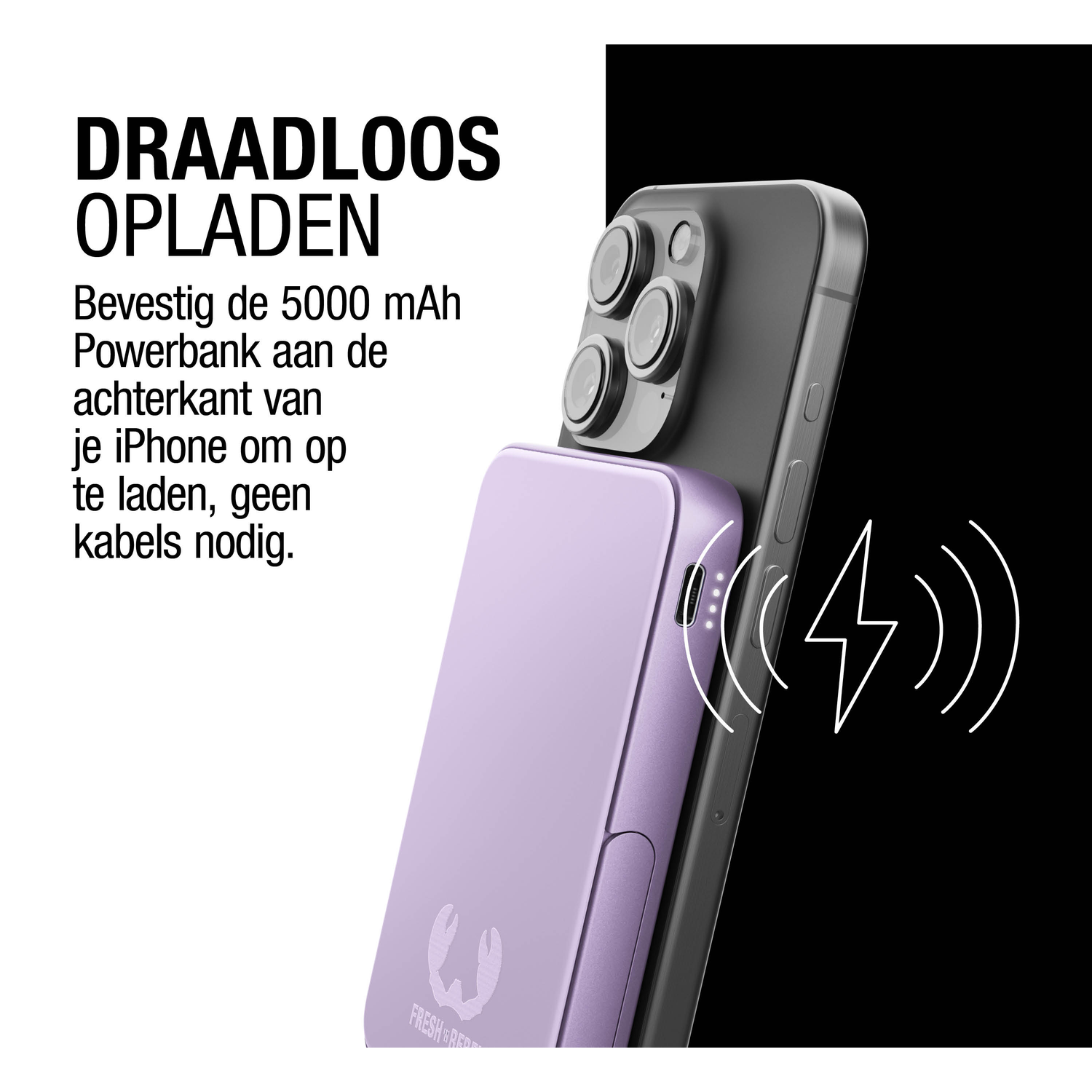 A purple power bank attached to a black iPhone. Wireless charging symbol is shown. Text says 'Wireless charging'.