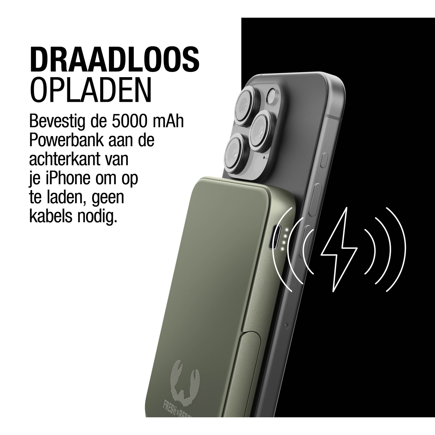 A phone charging wirelessly with a power bank attached. Text reads: Wireless charging. Attach the 5000 mAh power bank to the back of your iPhone.