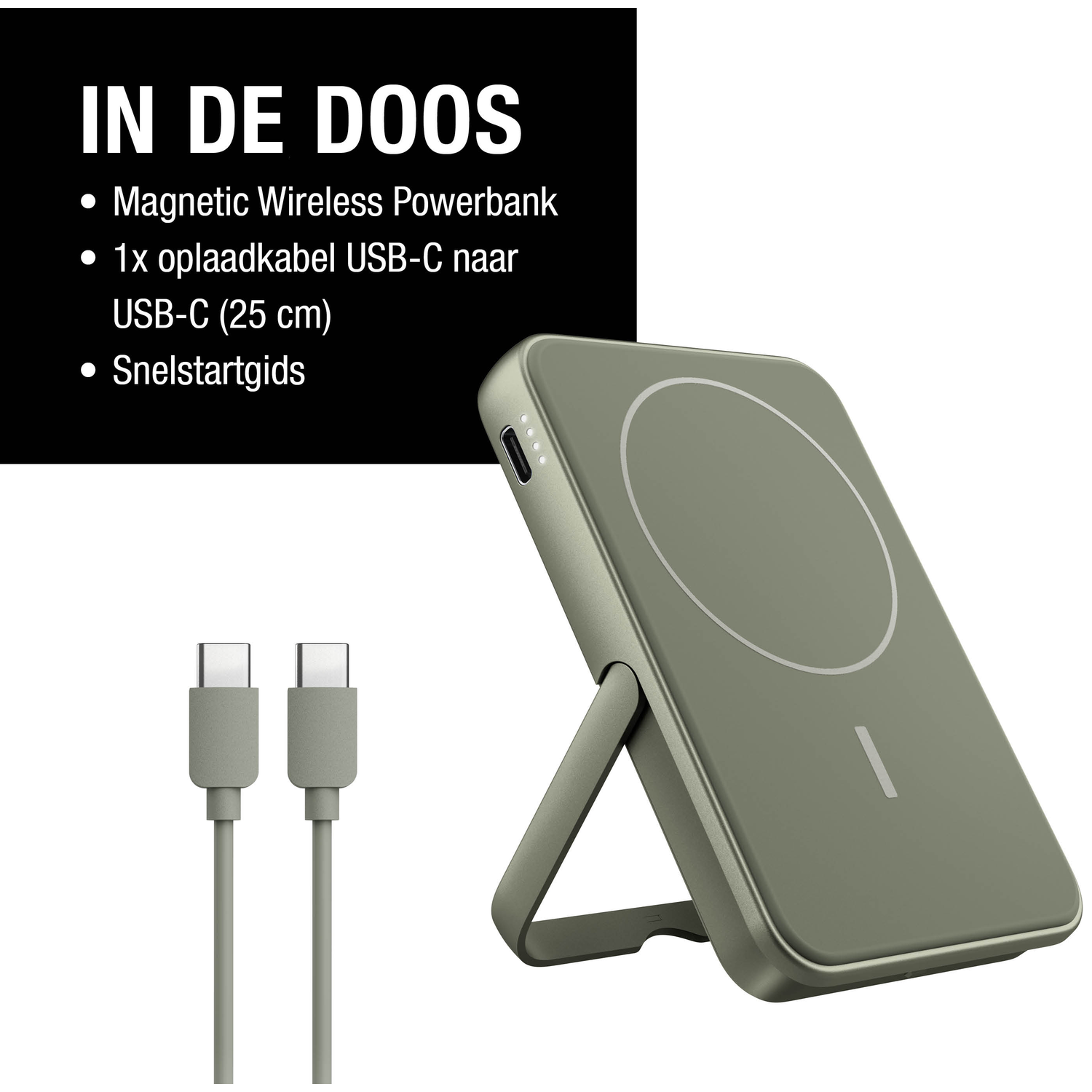 Olive green wireless power bank with USB-C cable. The box includes a magnetic power bank, USB-C cable, and a quick start guide.