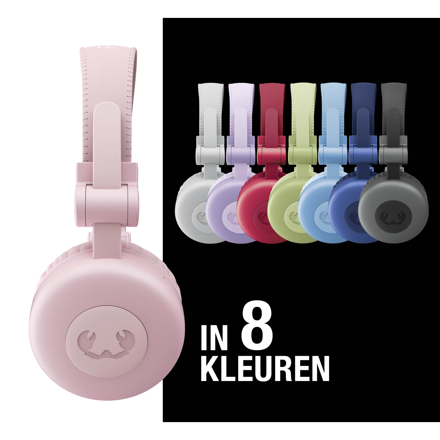 Pink headphones on the left. Eight headphones in different colors, including white, purple, red, and blue on black background.